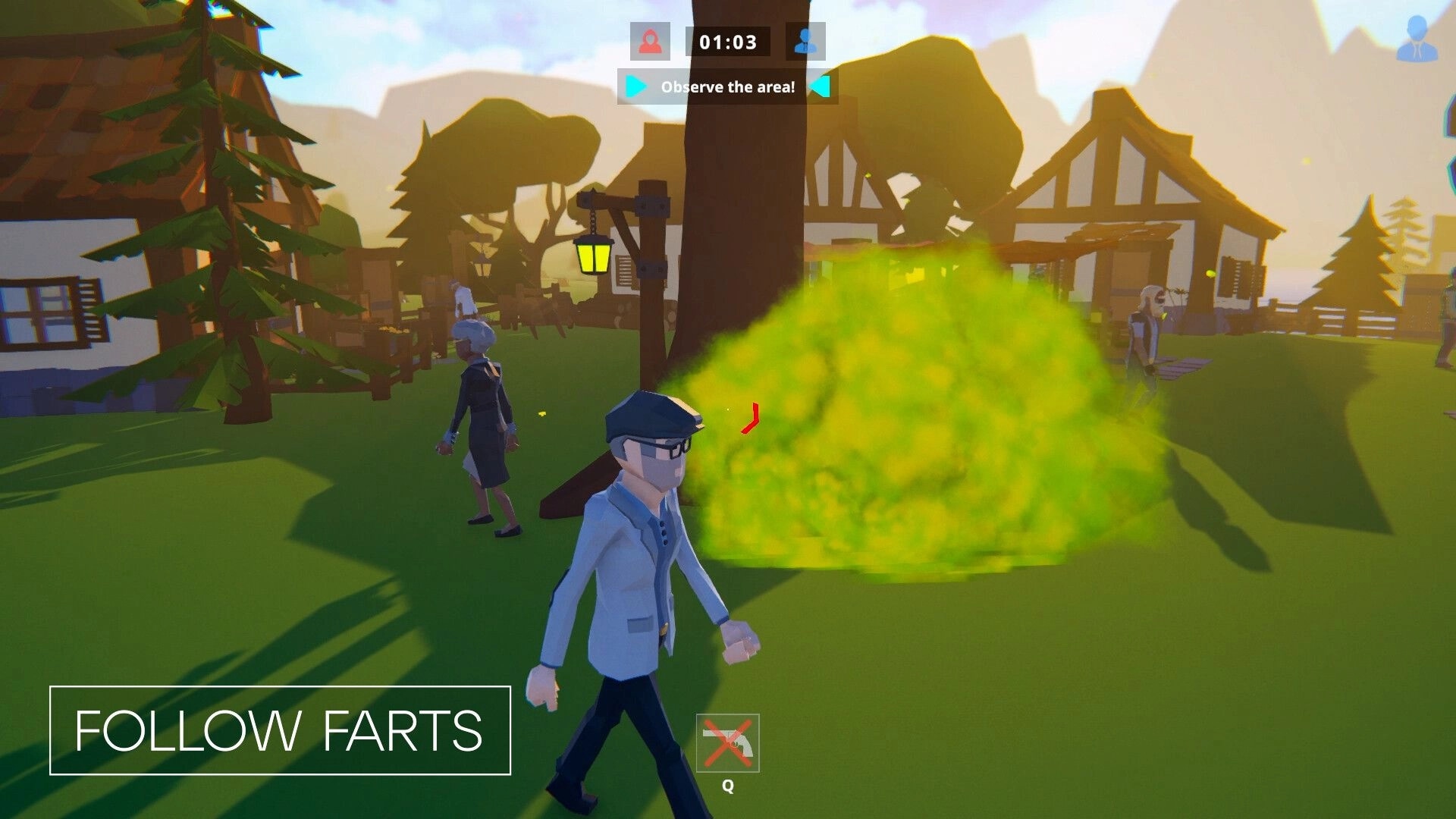 SUSPECTO: Character walks past gas cloud in village, with timer and "observe the area!" prompt visible.