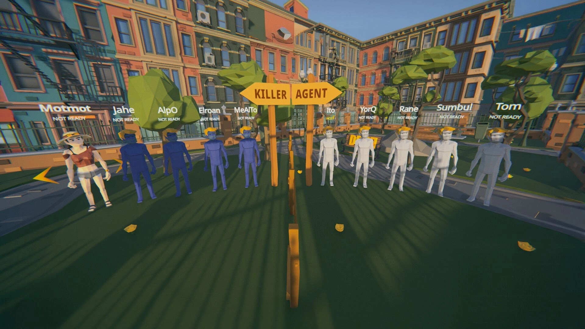 SUSPECTO: Character lineup with "Killer" and "Agent" signs in a colorful urban environment