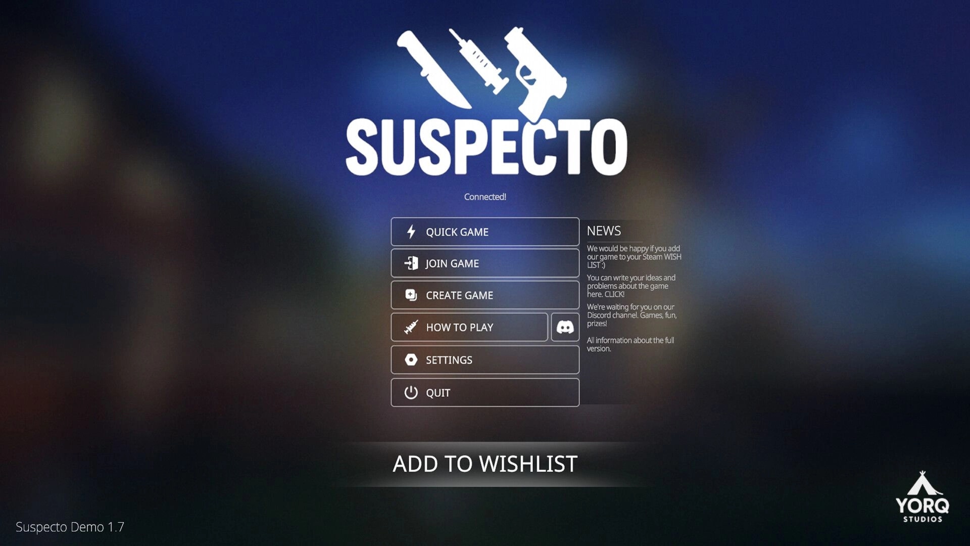 SUSPECTO: Main menu with options for quick game, join game, create game, and how to play tutorial.