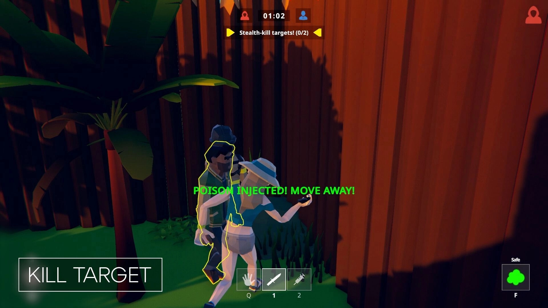 SUSPECTO: Player injects poison into target in a garden setting, UI shows stealth-kill objectives.