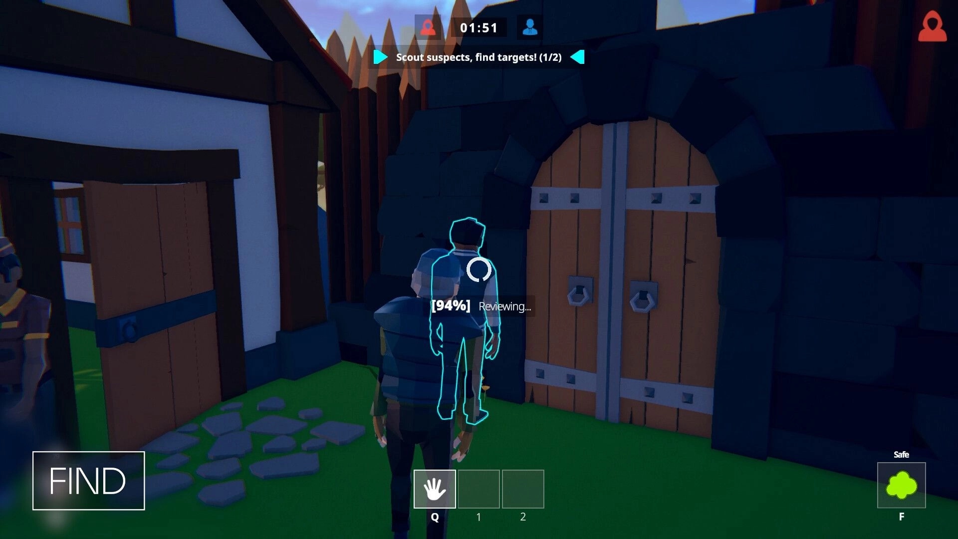 SUSPECTO: Player reviewing a suspect near a wooden door in a village setting with UI elements visible.
