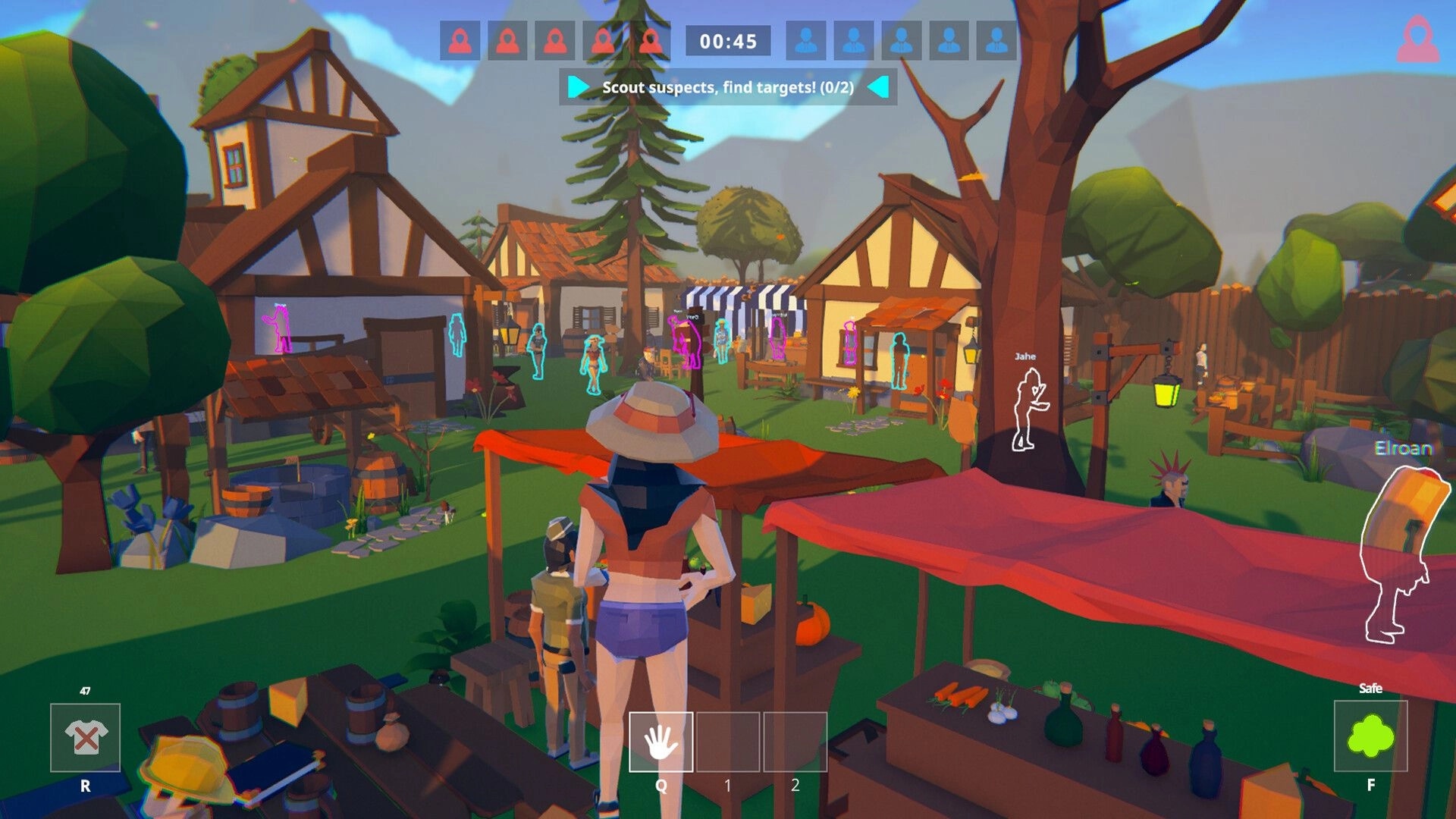 SUSPECTO: Player in village, avoiding detection with timer and objectives displayed on screen