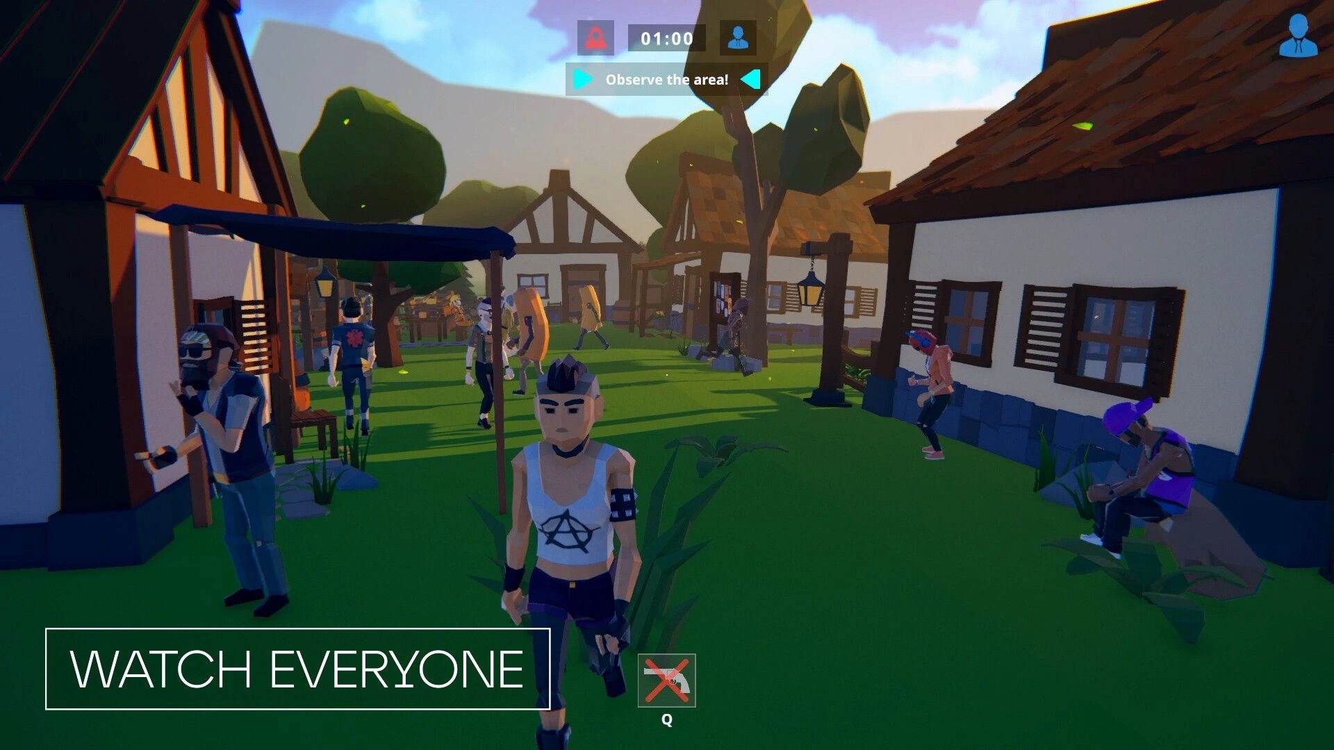 SUSPECTO: Players roaming a village with timer and "Observe the area!" prompt in colorful 3D environment