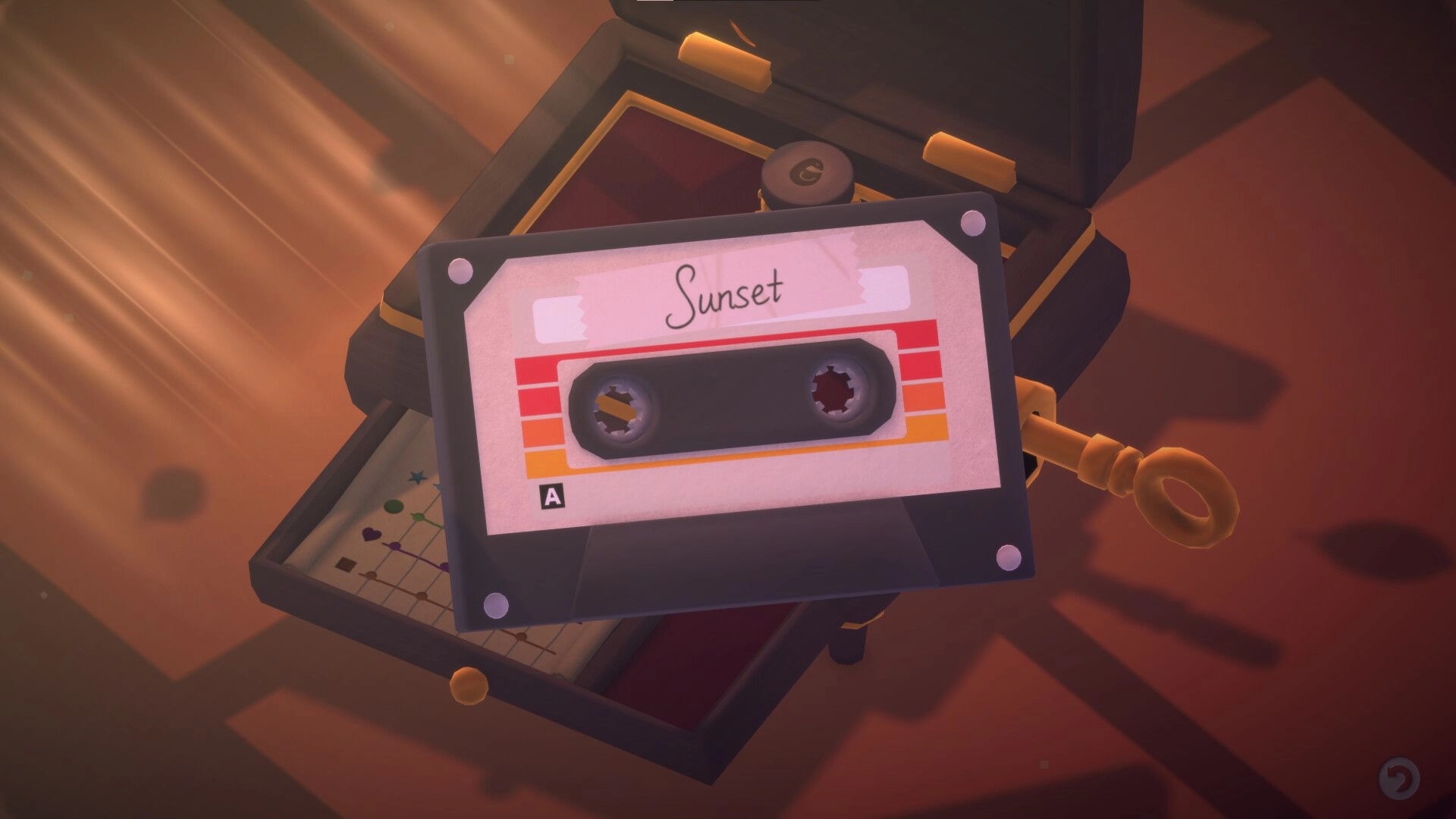 Swan Song: Cassette labeled "Sunset" above an open music box with a visible note pattern inside