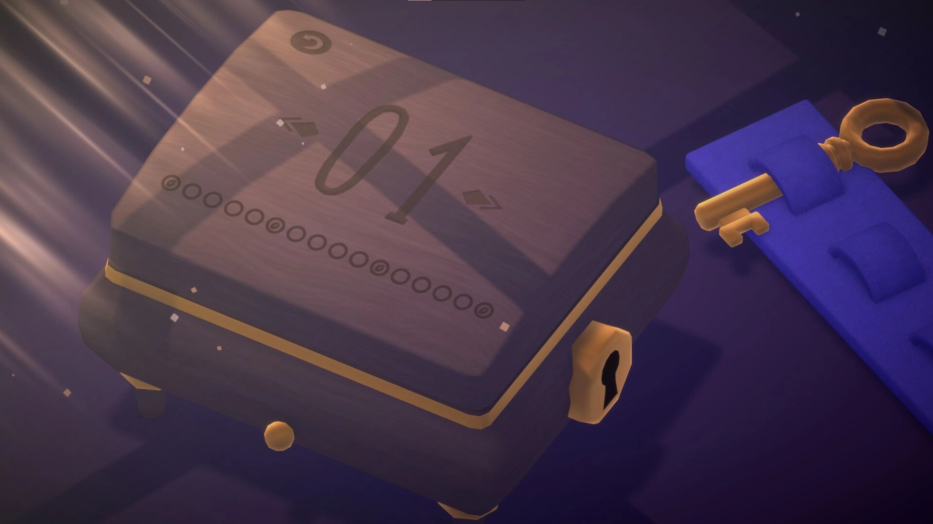 Swan Song: Music box puzzle with wooden design and key on a purple surface under soft light rays