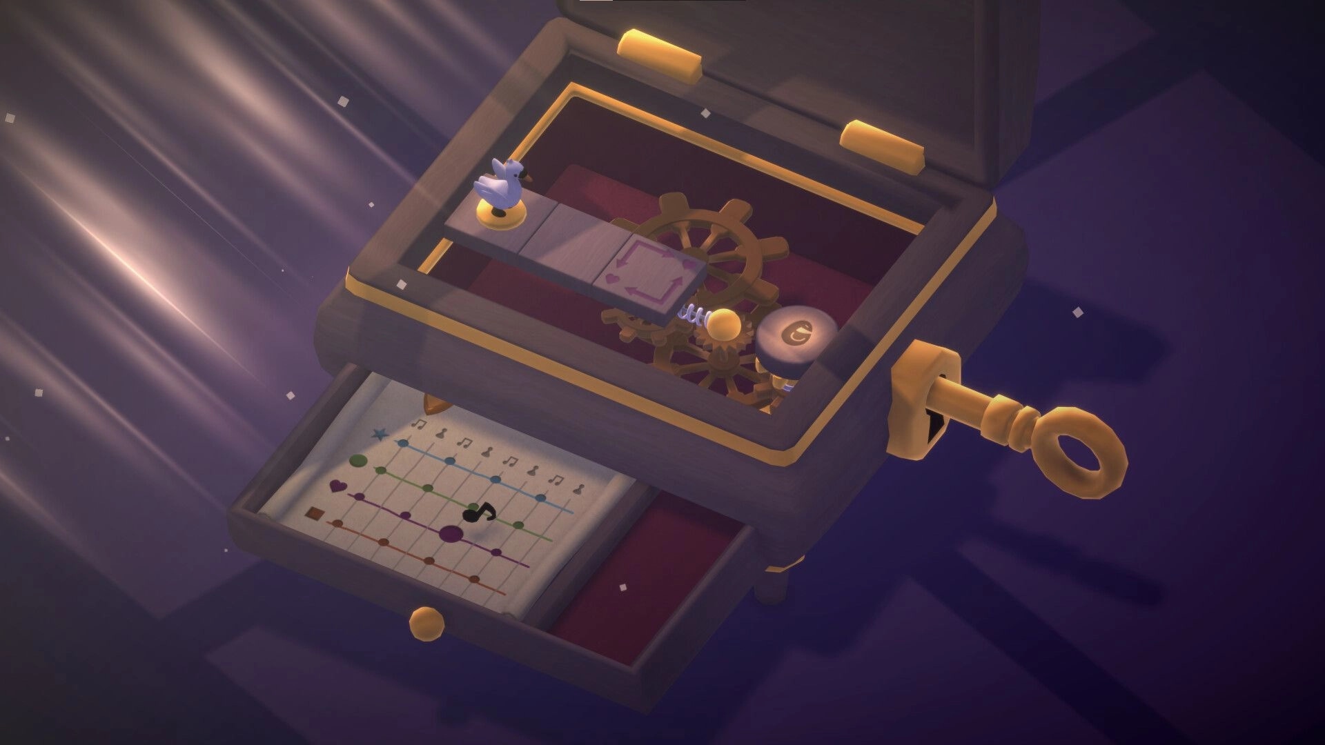 Swan Song: Music box puzzle with swan figure, gear mechanism, and sheet music in soft light setting