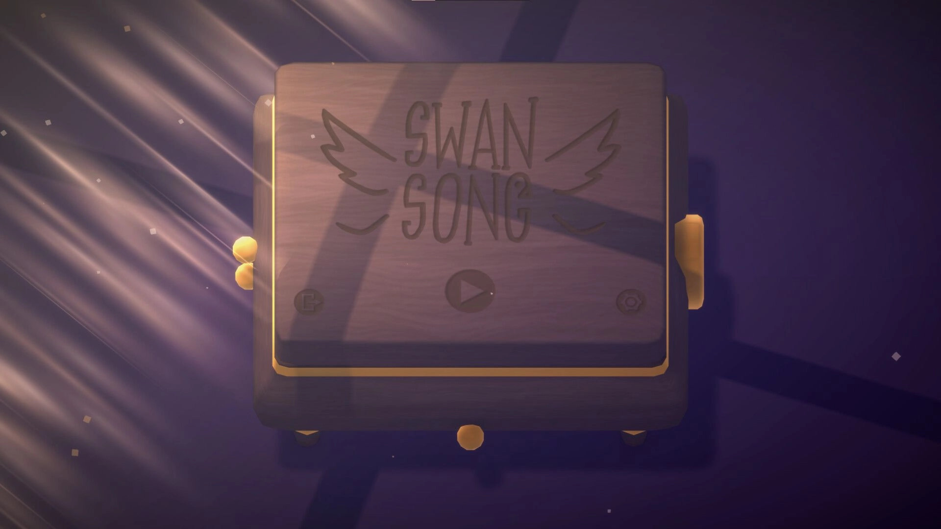 Swan Song: Wooden music box with engraved logo and play button in a softly illuminated room.