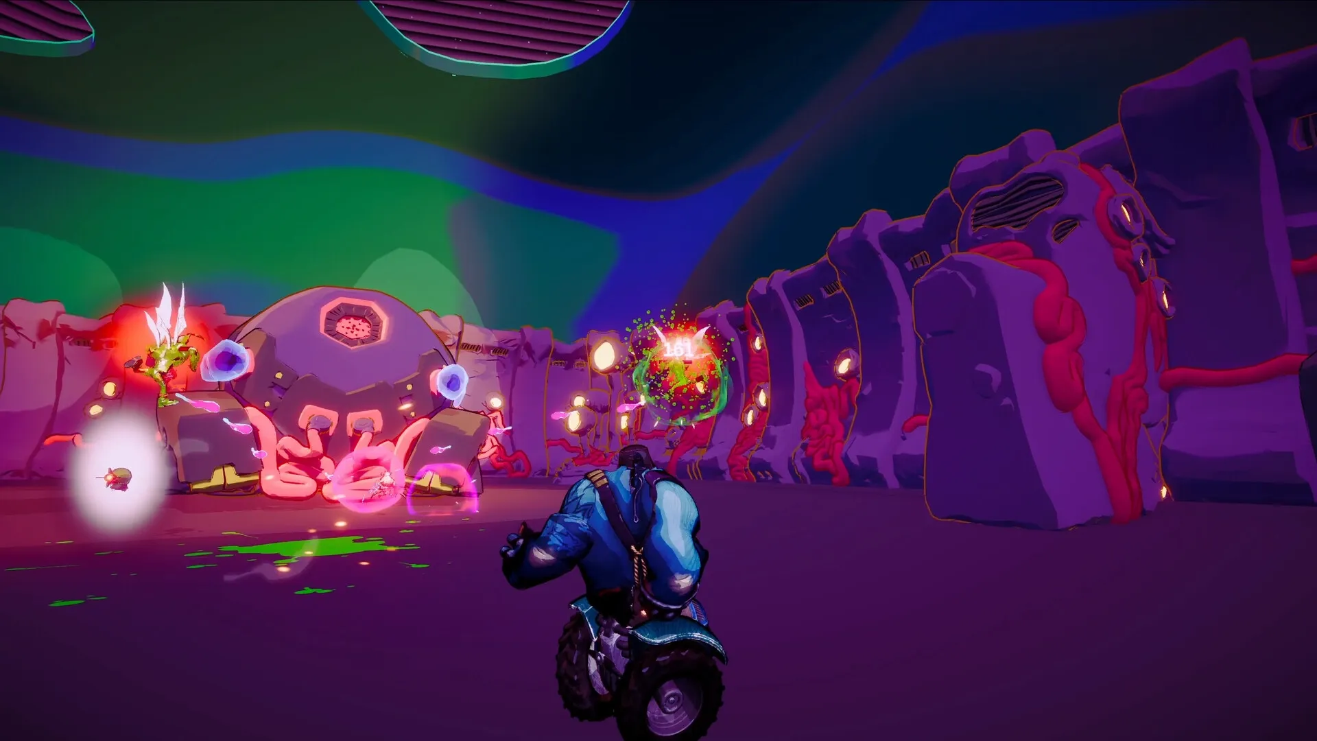 SWAPMEAT: Player character in combat with alien enemies in a colorful, sci-fi corridor environment.