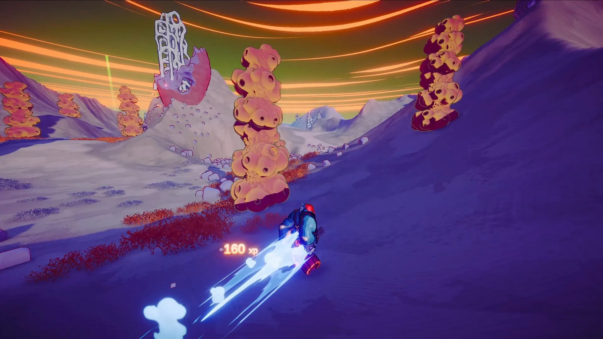 SWAPMEAT: Player sliding down alien landscape with XP gain visible, surrounded by bizarre structures