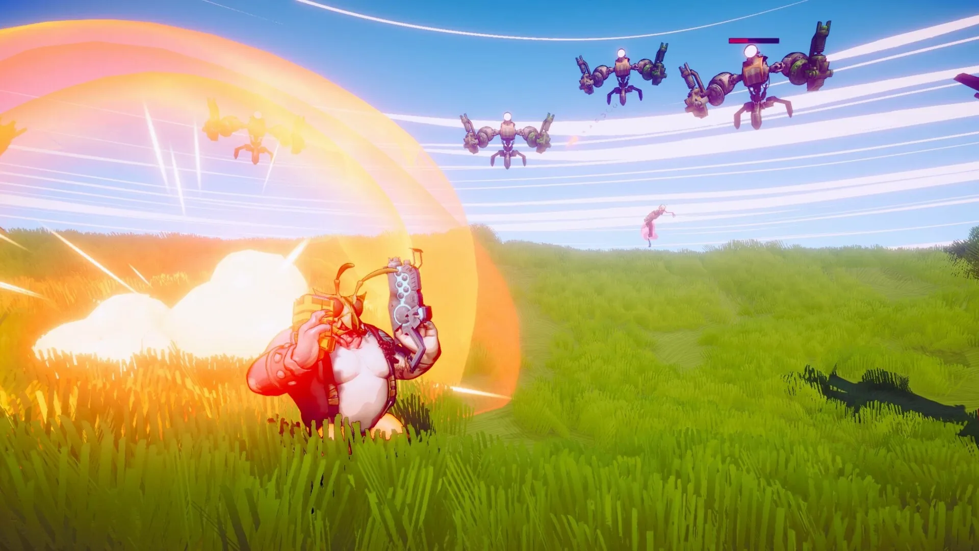 SWAPMEAT: Player character in grassy field using shield ability to block incoming flying enemy attacks