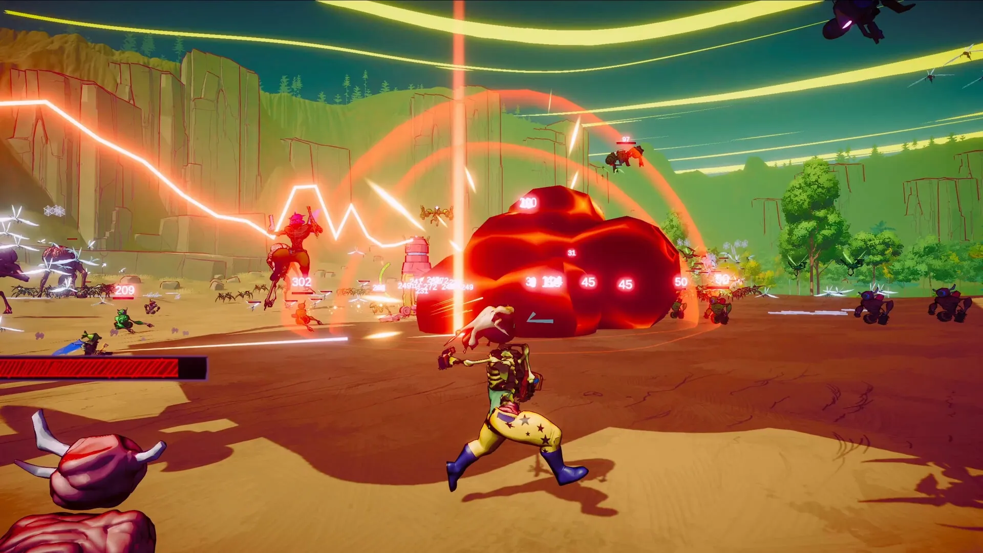SWAPMEAT: Player character engages in intense combat with aliens in a vibrant, mountainous landscape.
