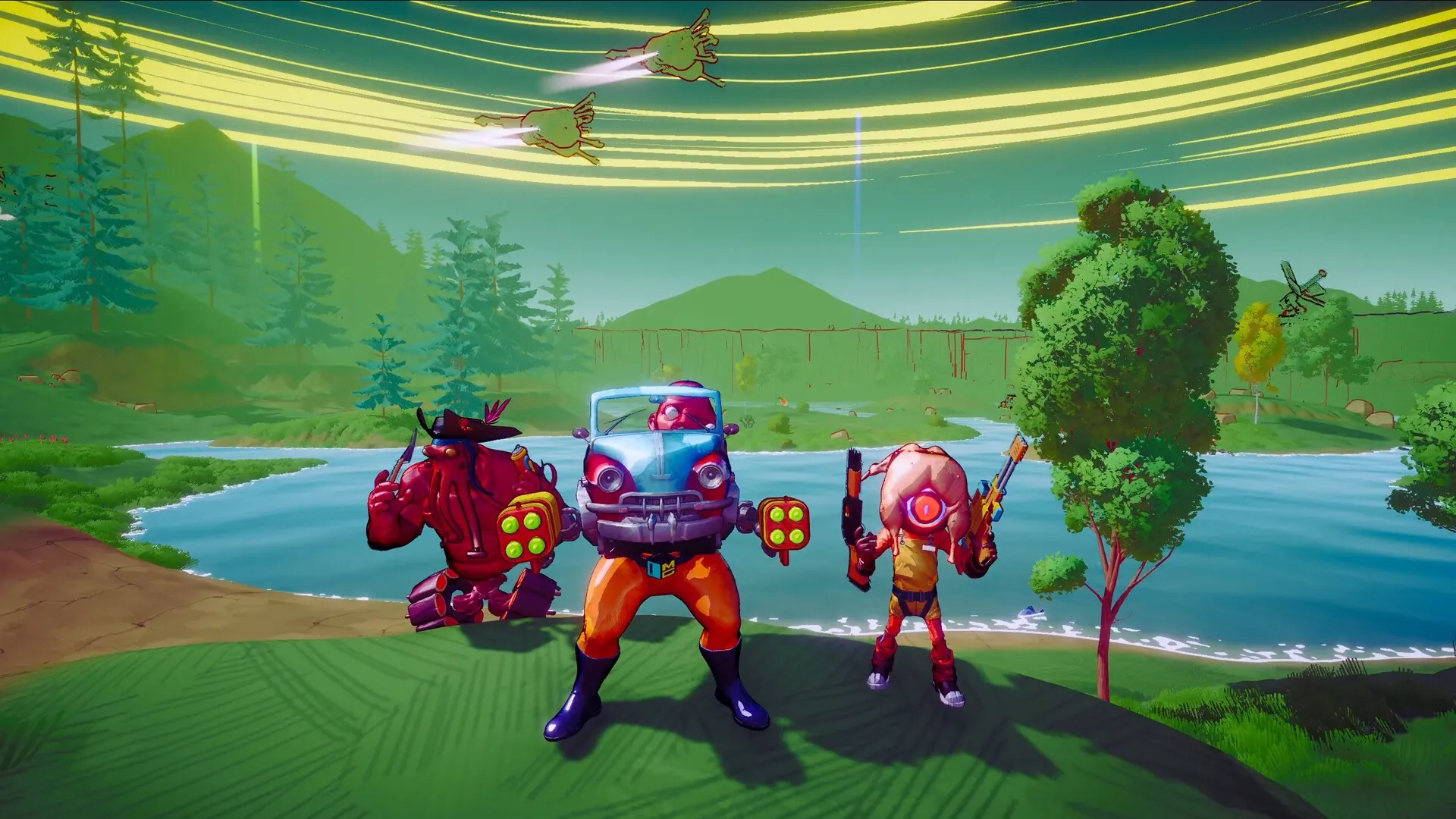 SWAPMEAT: Three characters with unique designs standing by a river under a vibrant sky with streaks.