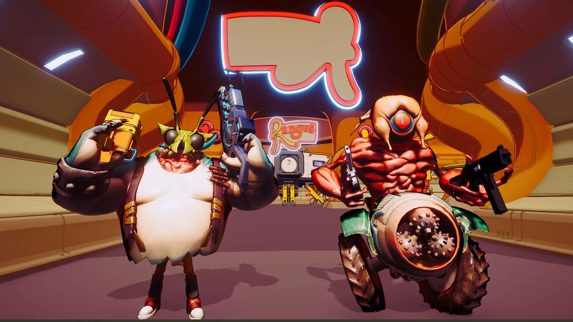 SWAPMEAT: Two alien characters with weapons in a neon-lit space station setting.