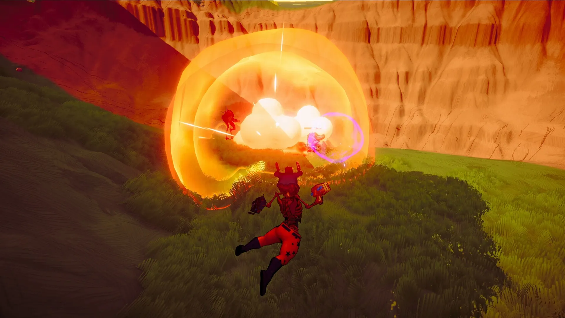 SWAPMEAT: Player character in combat with aliens amidst explosions in a canyon environment