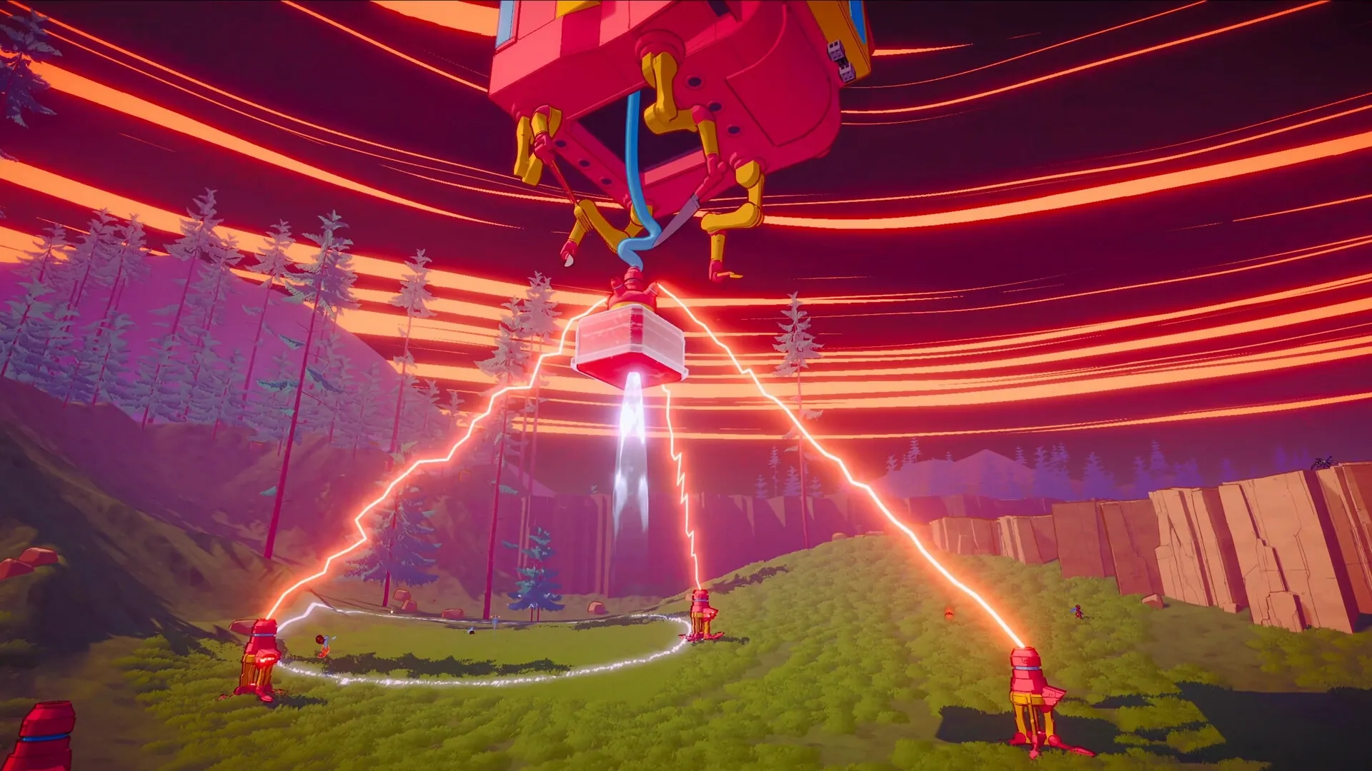 SWAPMEAT: Alien landscape with red beams connecting towers and a hovering object in a lush, forested area.