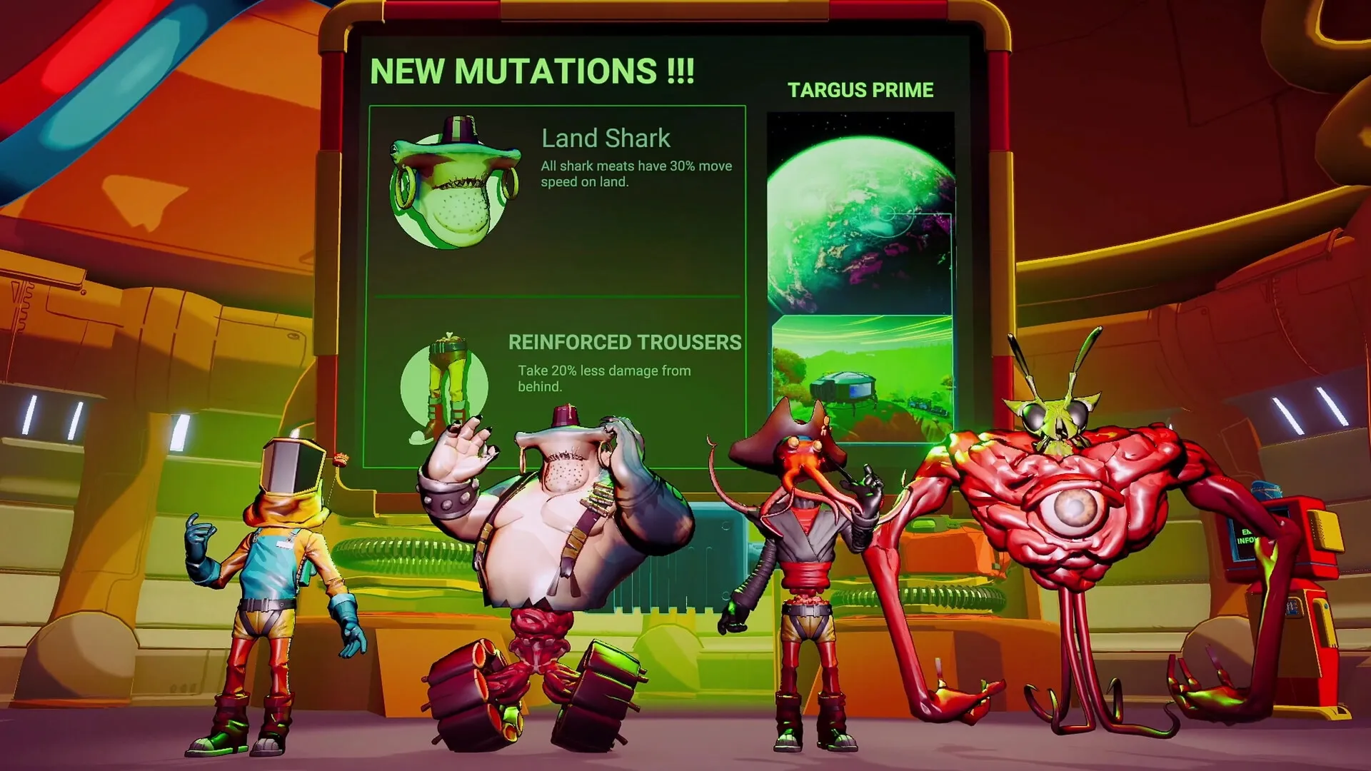 SWAPMEAT: Four characters pose in front of a screen displaying new mutations and the planet Targus Prime.