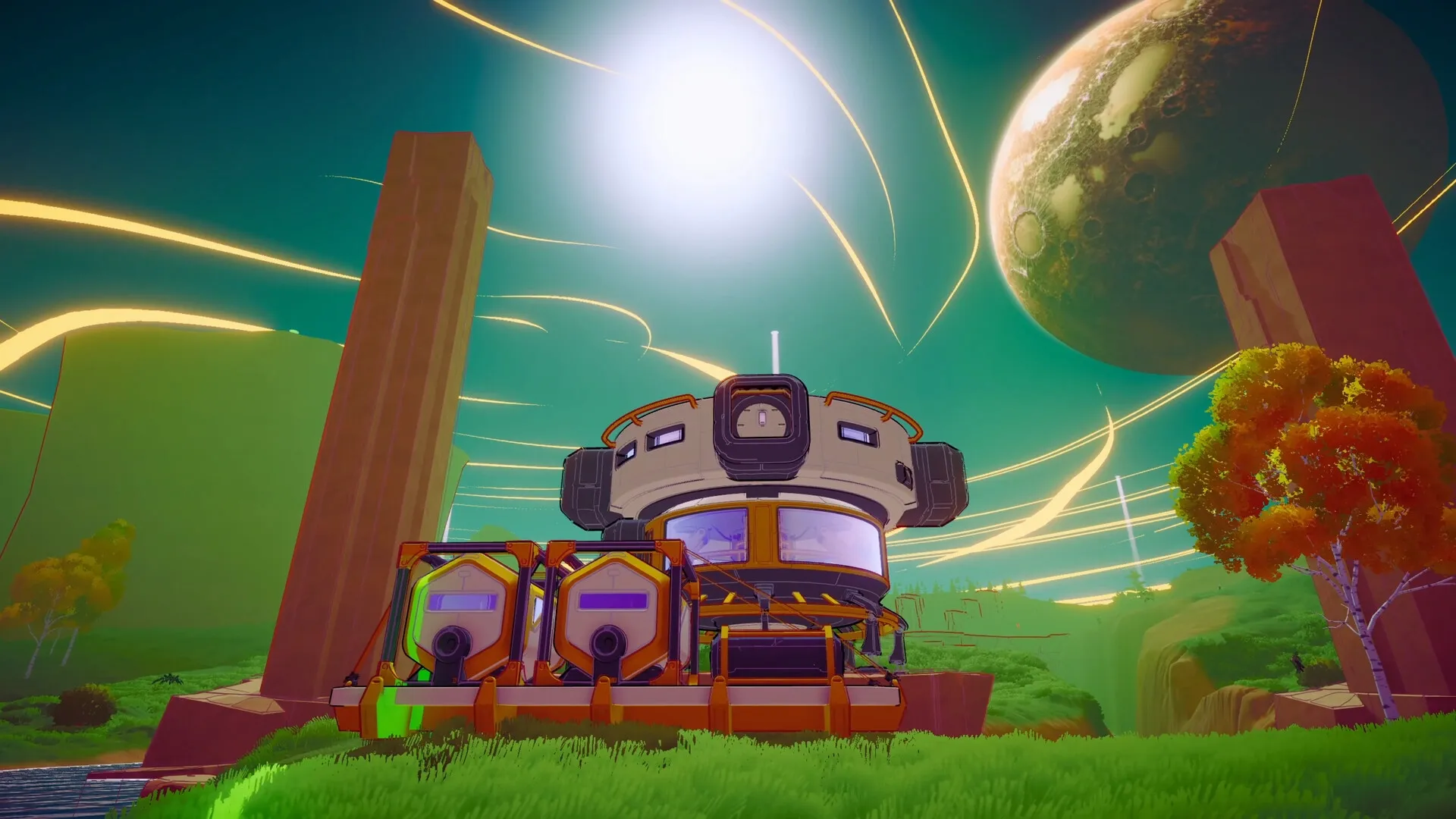 SWAPMEAT: Futuristic base with rotating turrets under bright sky and alien planet in the background.