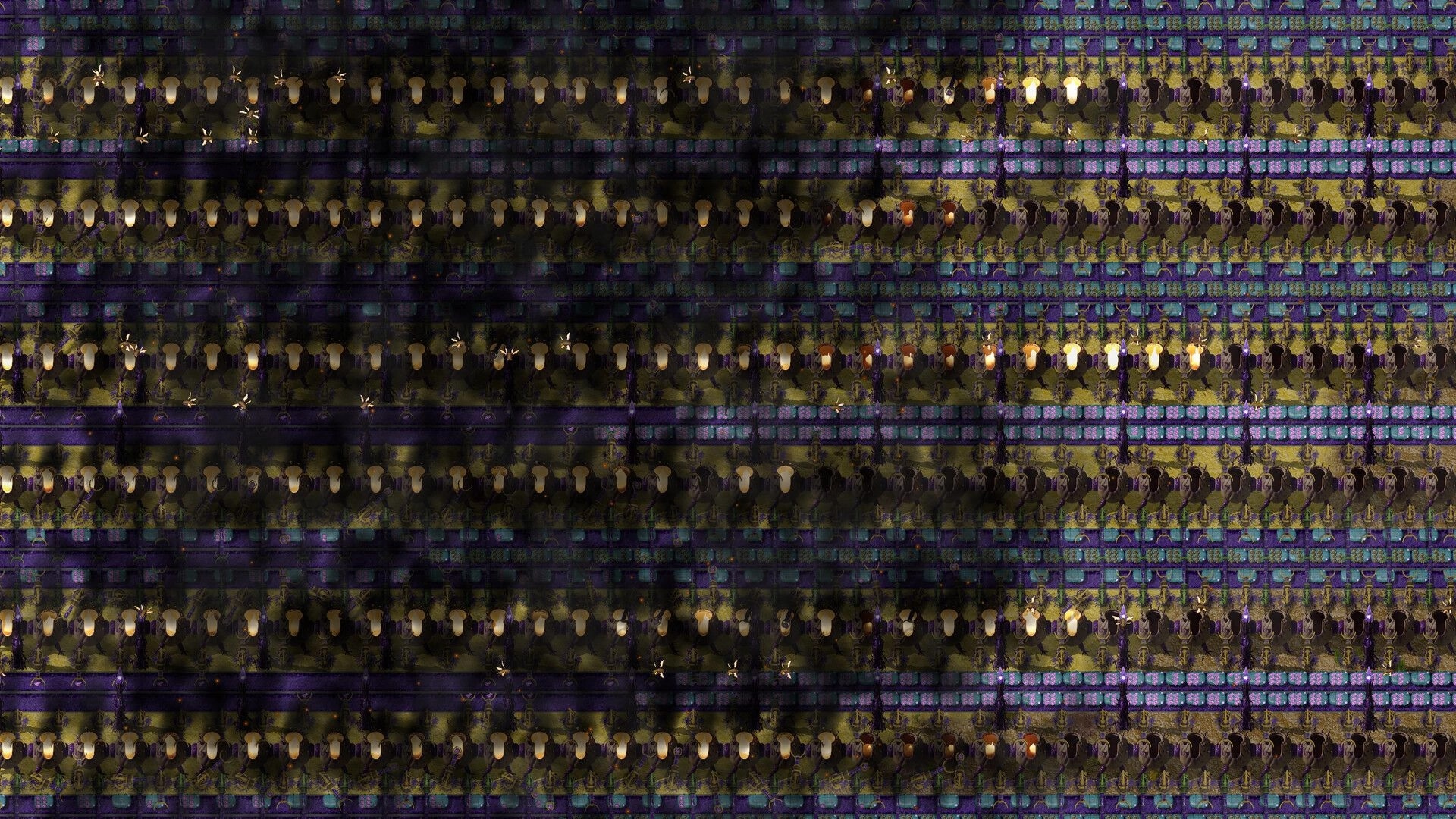 Swarmdustry: Dense rows of glowing organic nodes and conveyor-like lanes across a dark factory grid map.