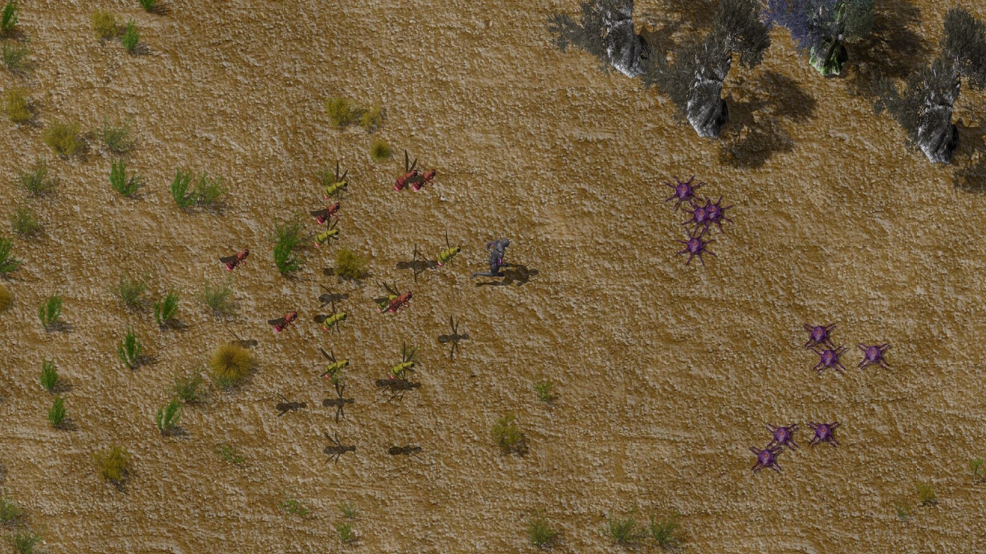 Swarmdustry: Swarm of ants surrounds a gray creature on sandy terrain with purple spiky plants nearby.