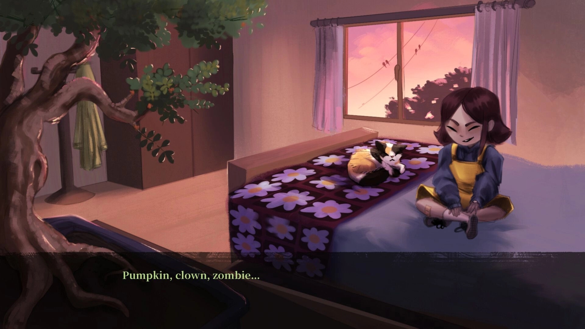 Sweet Memories: Girl sits on bed beside a cat, dialogue text box in a sunset-lit bedroom.