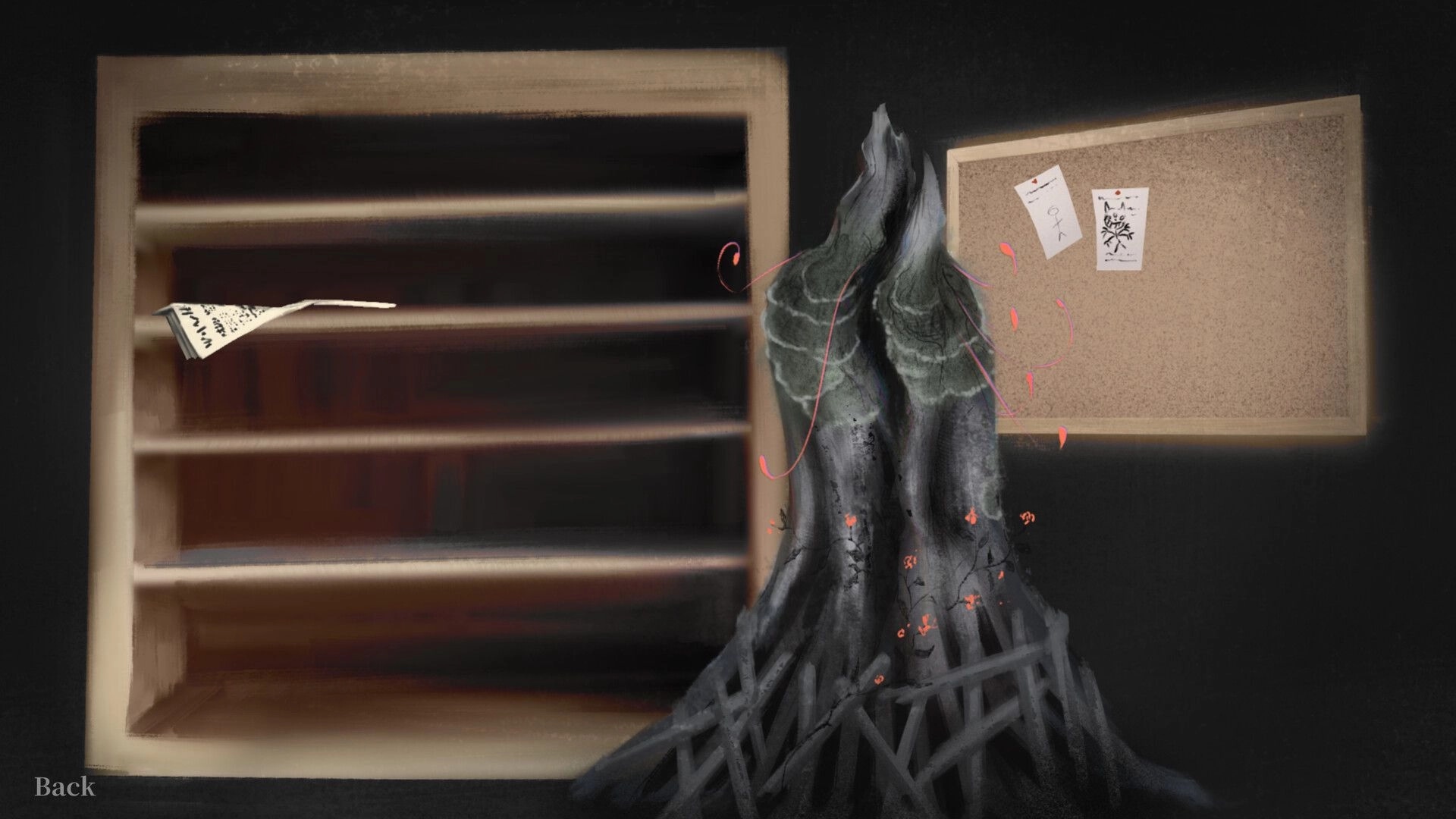Sweet Memories: Empty shelf and corkboard with pinned notes beside a twisted tree UI screen.