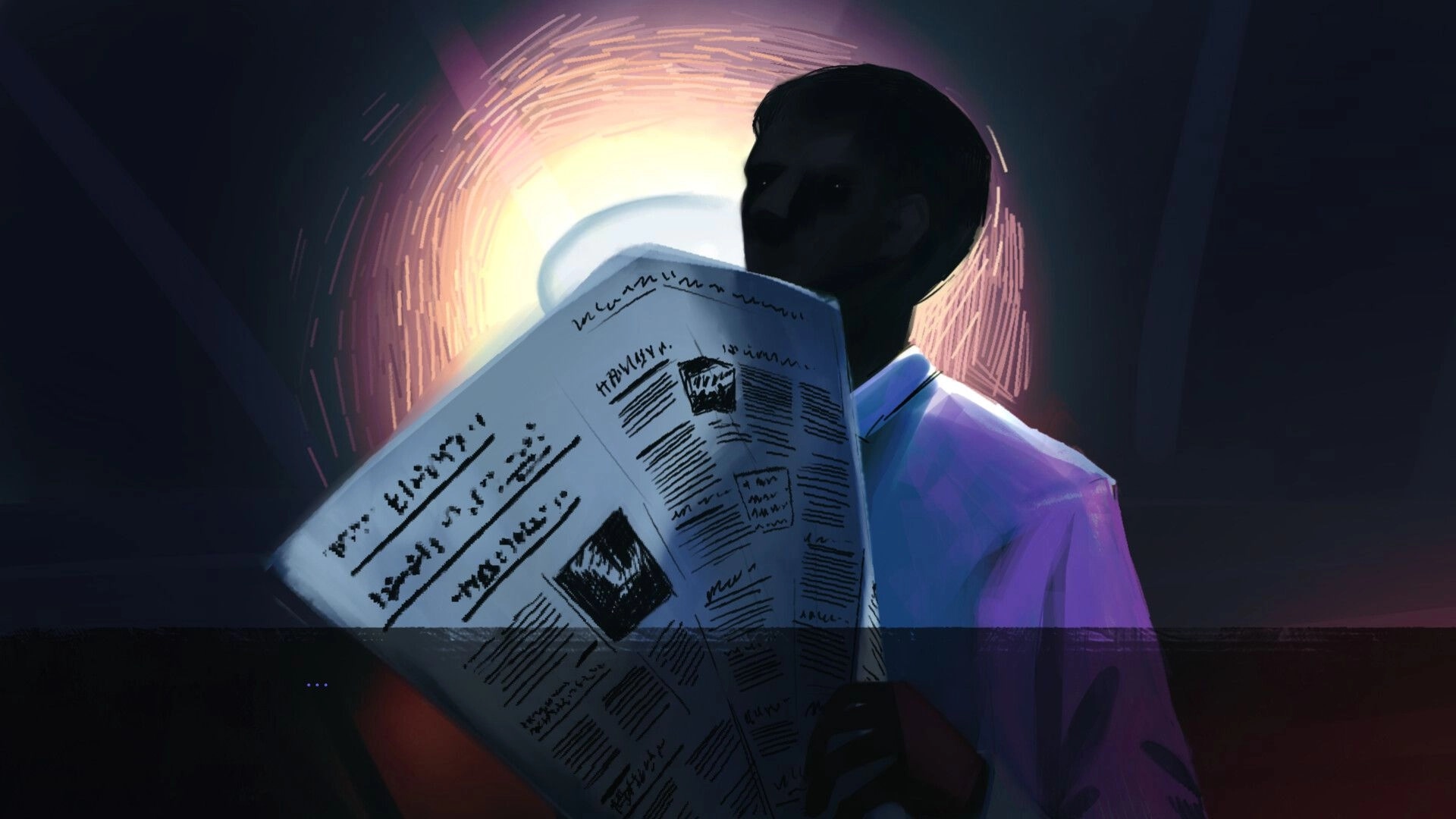 Sweet Memories: Shadowy man reads a newspaper under a bright lamp in a dark room, dialogue box below.