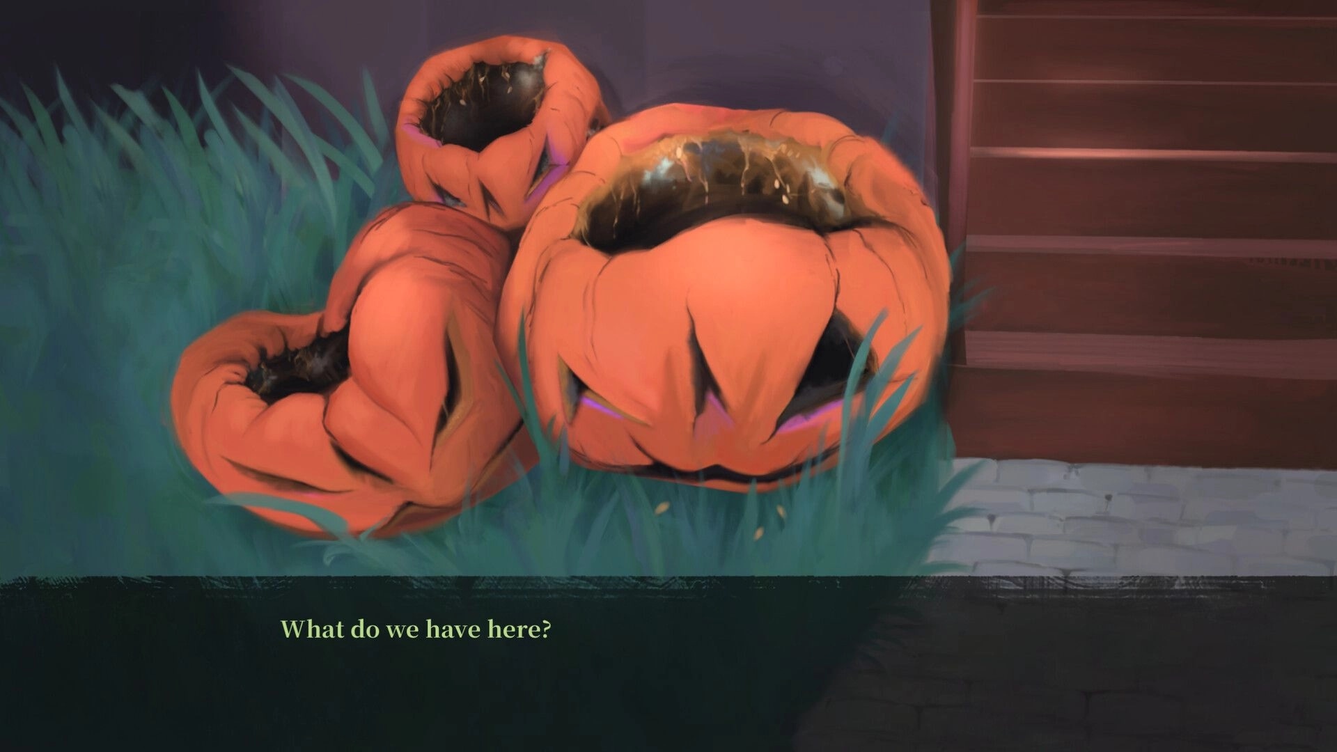 Sweet Memories: Close-up of smashed jack-o'-lanterns in grass beside steps, dialogue text below.