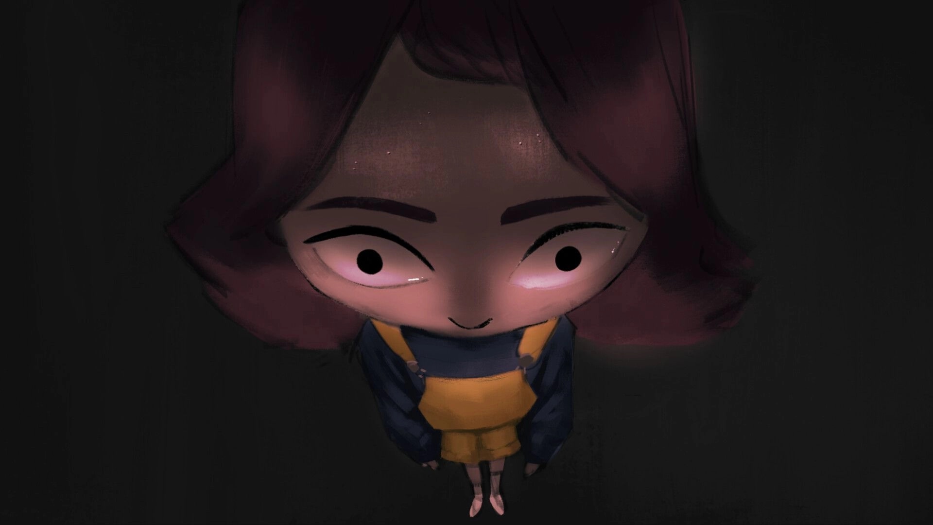 Sweet Memories: Close-up of wide-eyed girl in yellow dress and blue jacket against dark void.