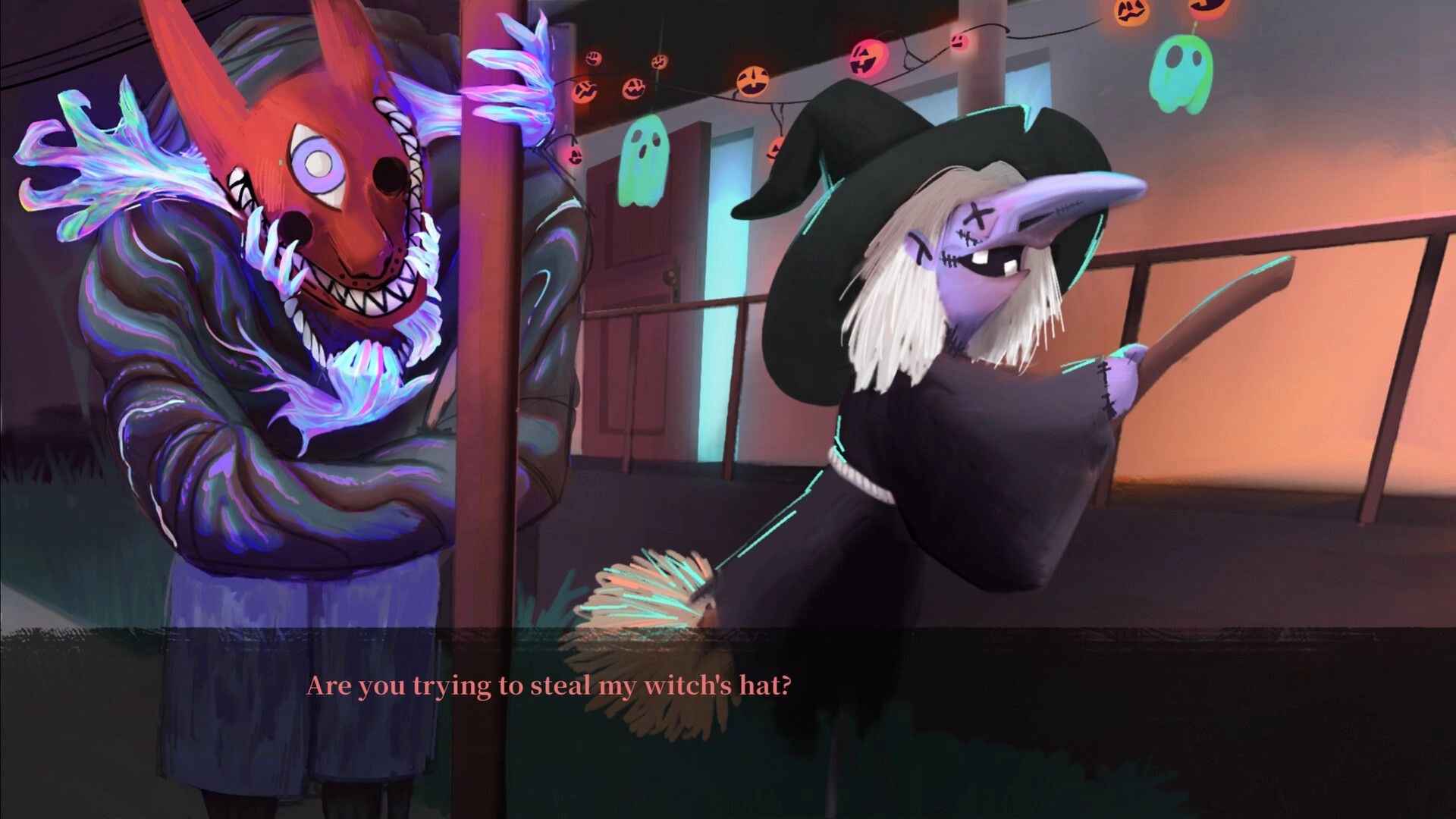 Sweet Memories: Monster in red mask confronts stitched witch on porch with Halloween lights and dialogue box.