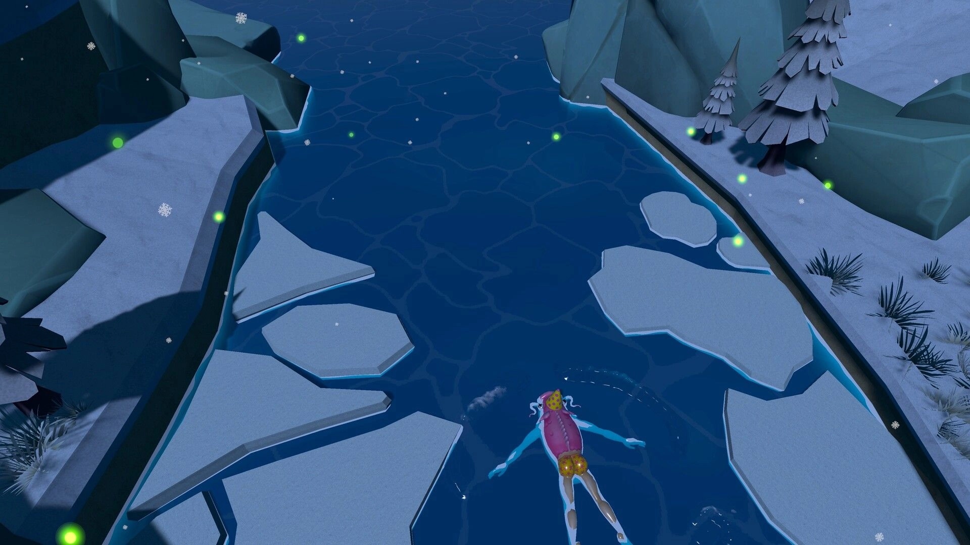Swimpossible!: Player navigates icy river, maneuvering around floating ice chunks in a snowy canyon setting.