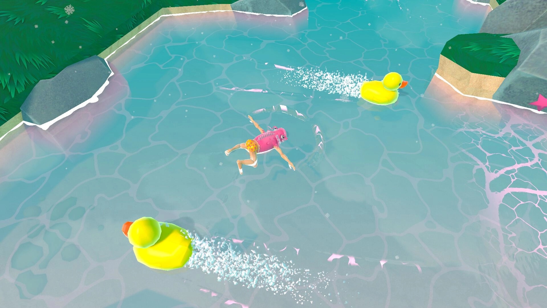 Swimpossible!: Player swims among rubber ducks in a serene aquatic setting with lush green surroundings.
