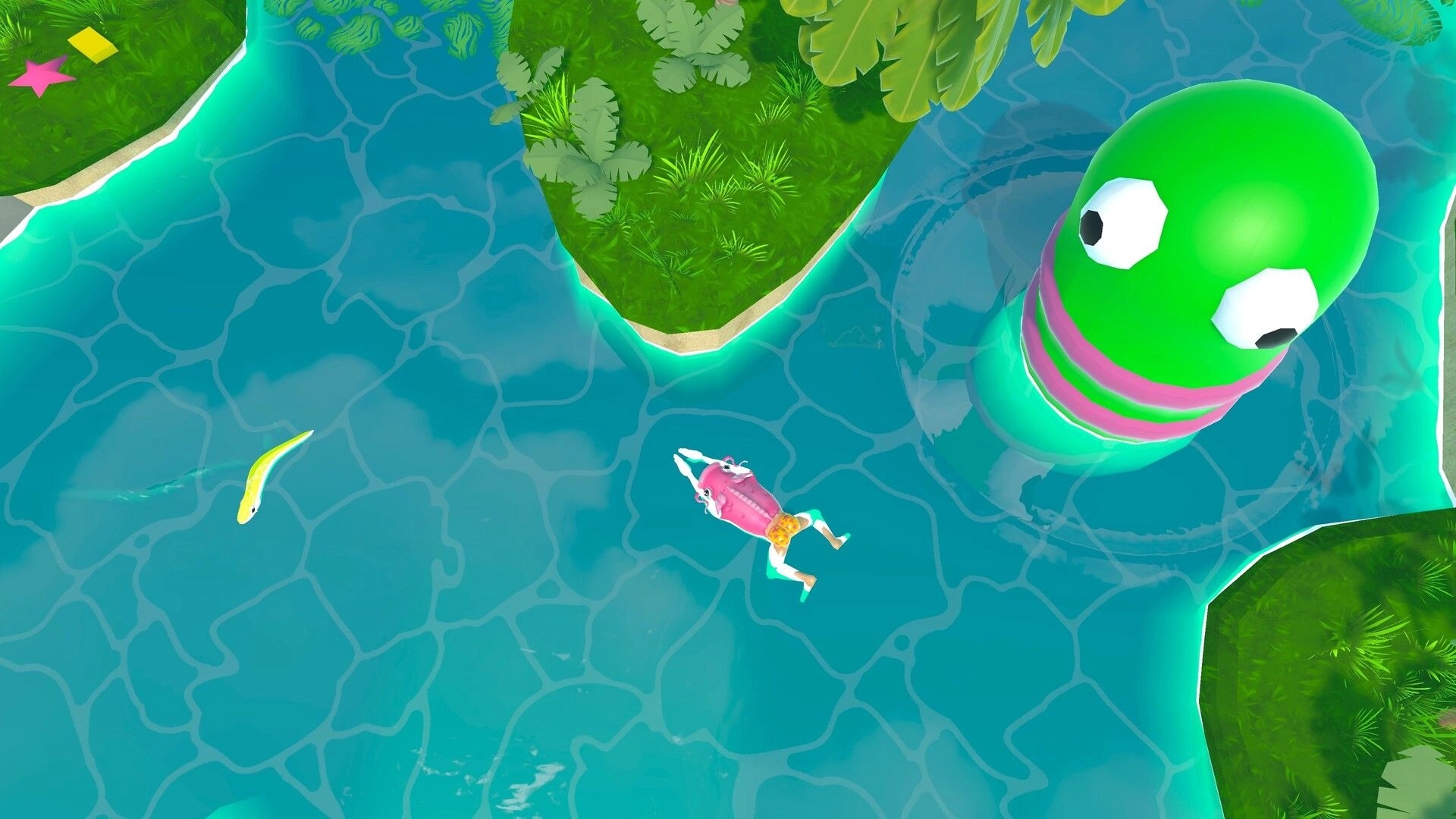 Swimpossible!: Player swims near giant green creature while avoiding obstacles in a vibrant aquatic setting.