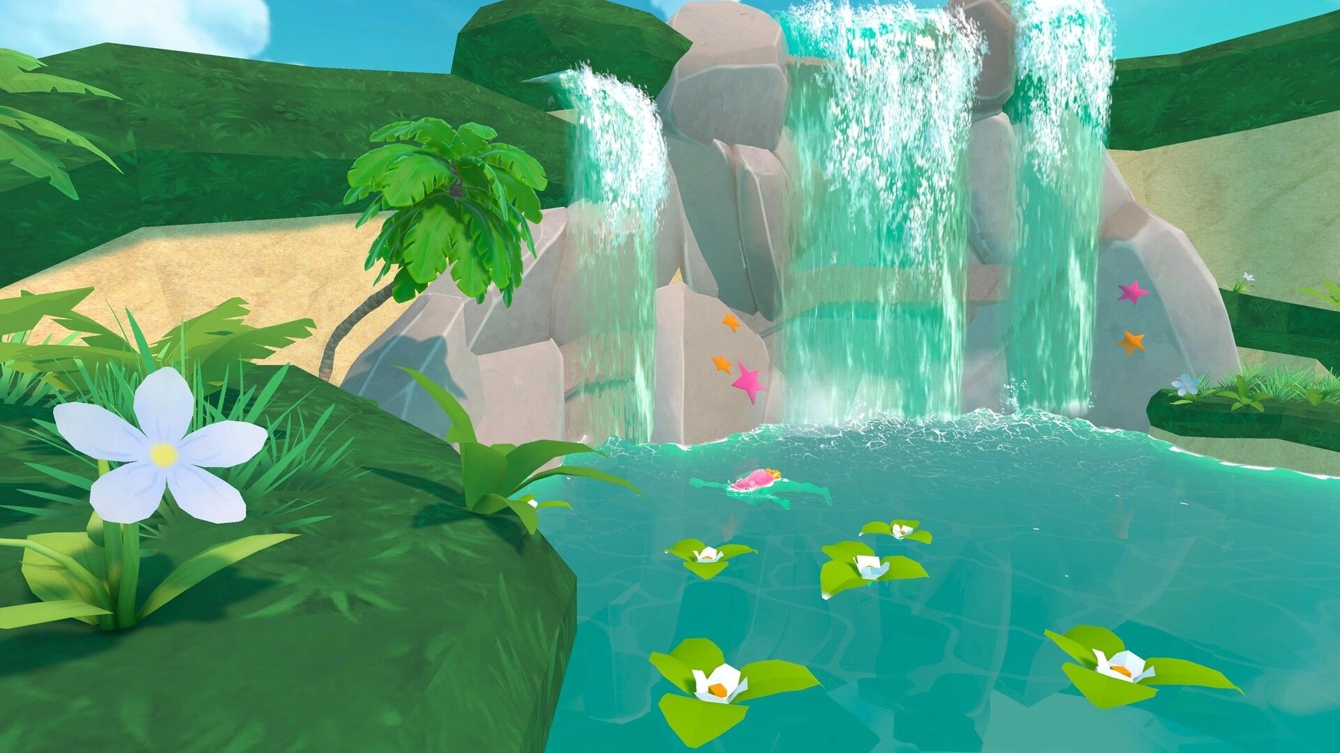 Swimpossible!: Player navigates a serene waterfall environment with lily pads and starfish obstacles
