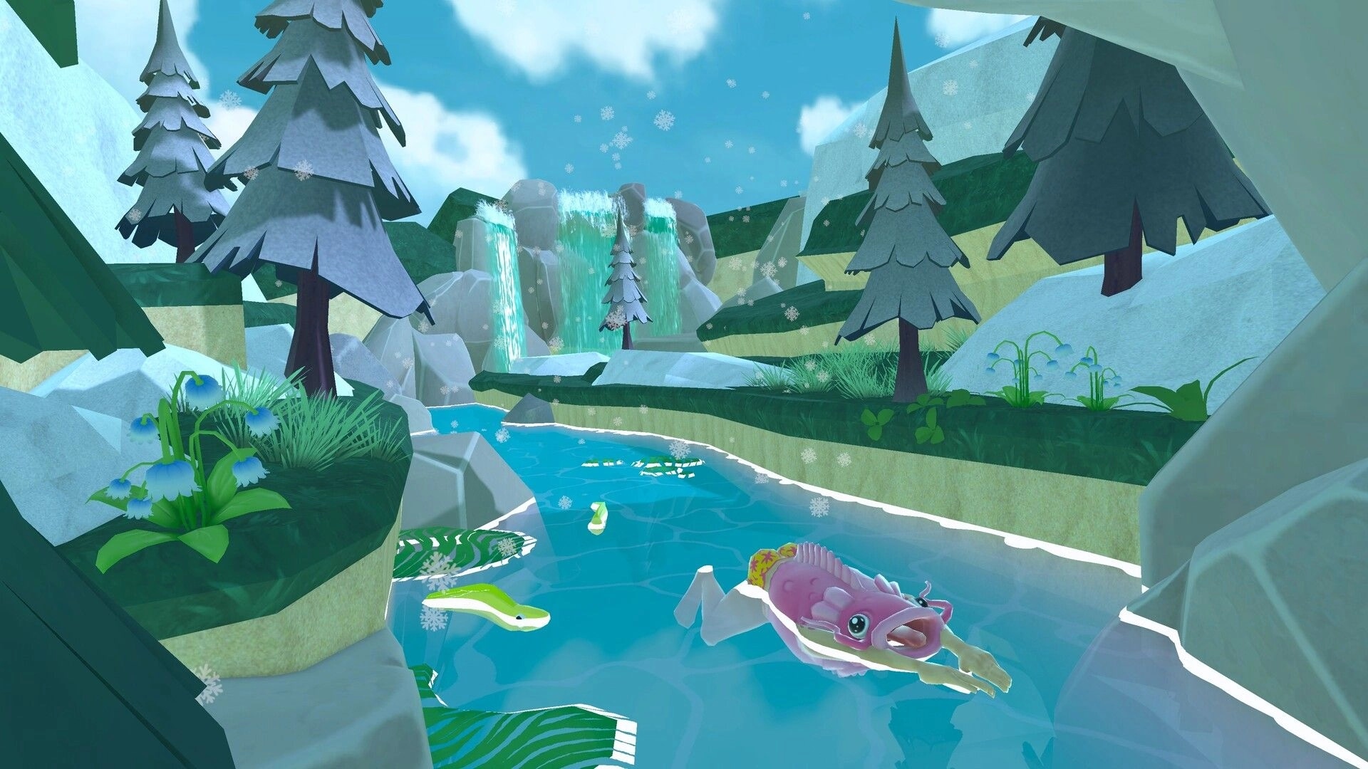 Swimpossible!: Character swims in a snowy forest river, avoiding obstacles like rocks and aquatic creatures.