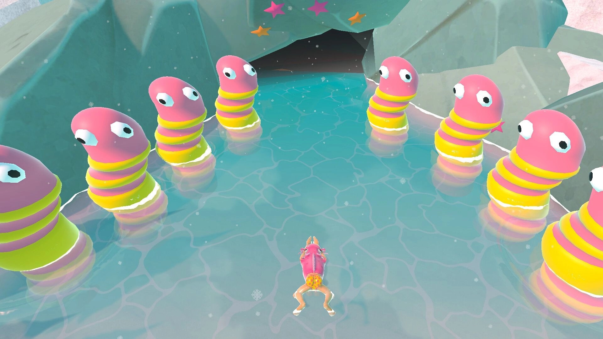 Swimpossible!: Character swimming through narrow river with colorful worm-like obstacles ahead