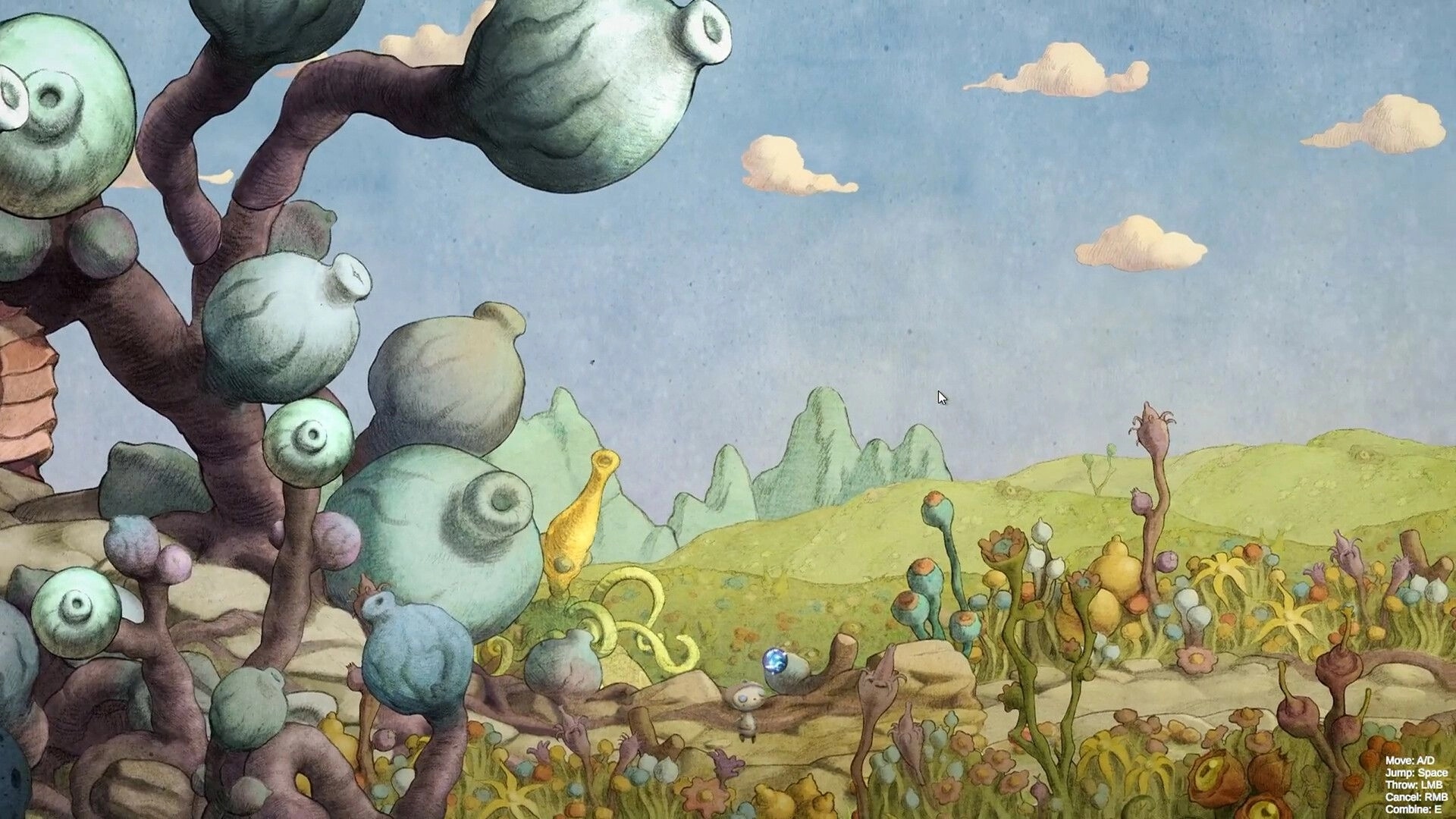 Swing of Things: Tiny robot carries a blue egg across alien hills and bulbous trees, controls HUD visible.