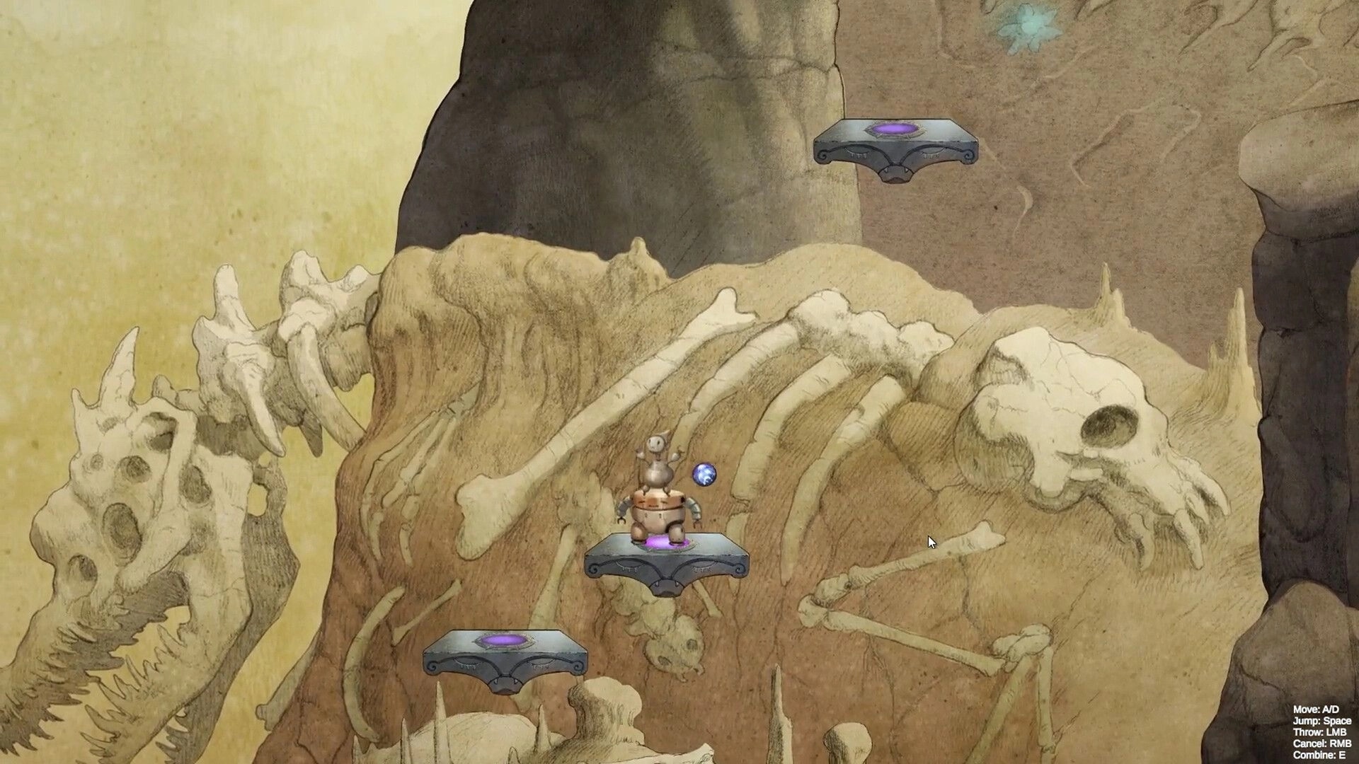 Swing of Things: Small robot balances on floating platforms above giant skeleton bones in canyon cave.
