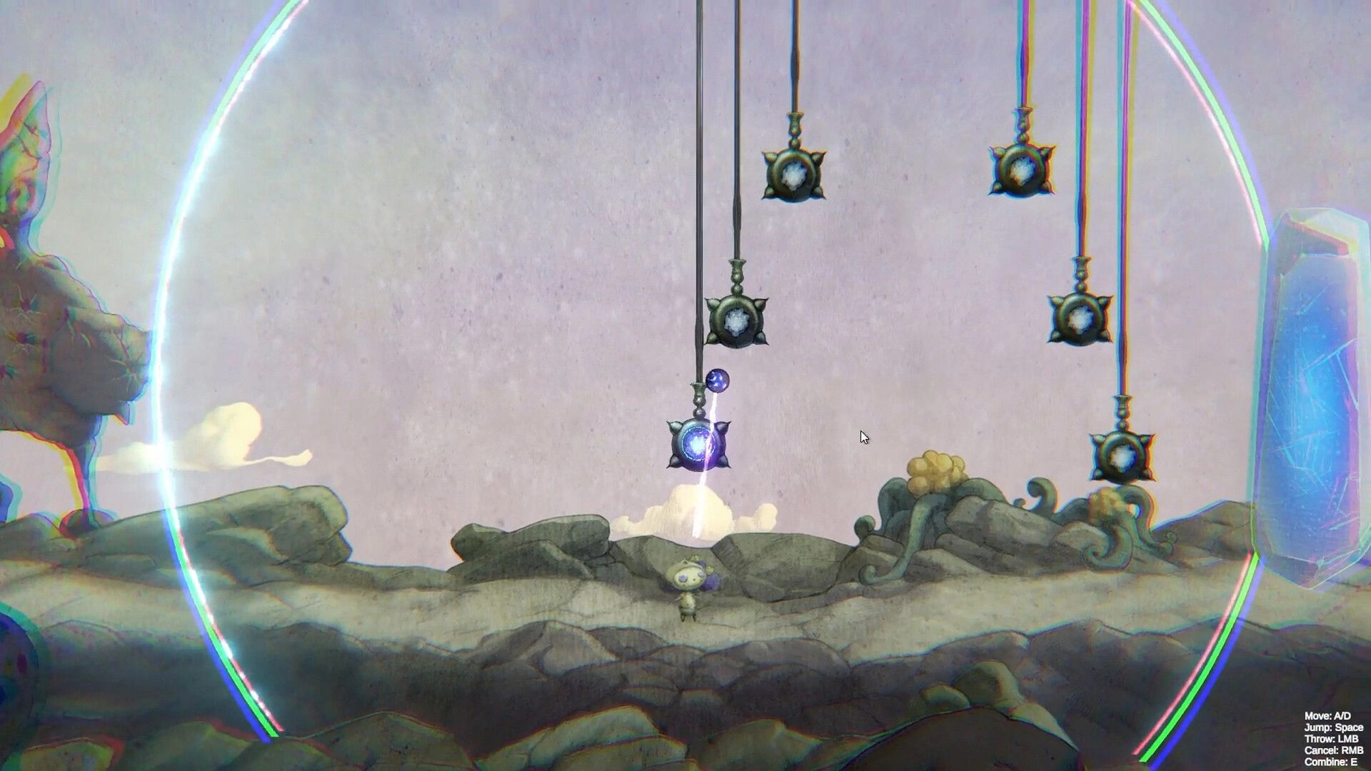 Swing of Things: Robot tosses a glowing orb at hanging nodes on rocky terrain inside a dome shield.