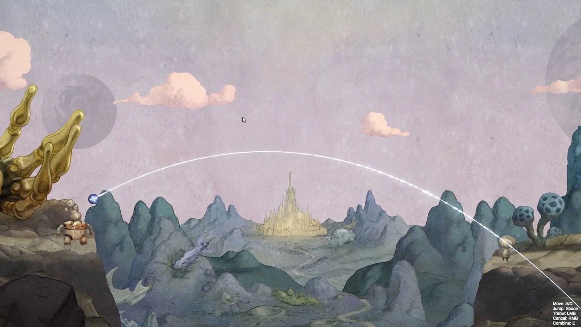 Swing of Things: Aiming a long throw arc between cliffs in a pastel alien valley, controls HUD visible.