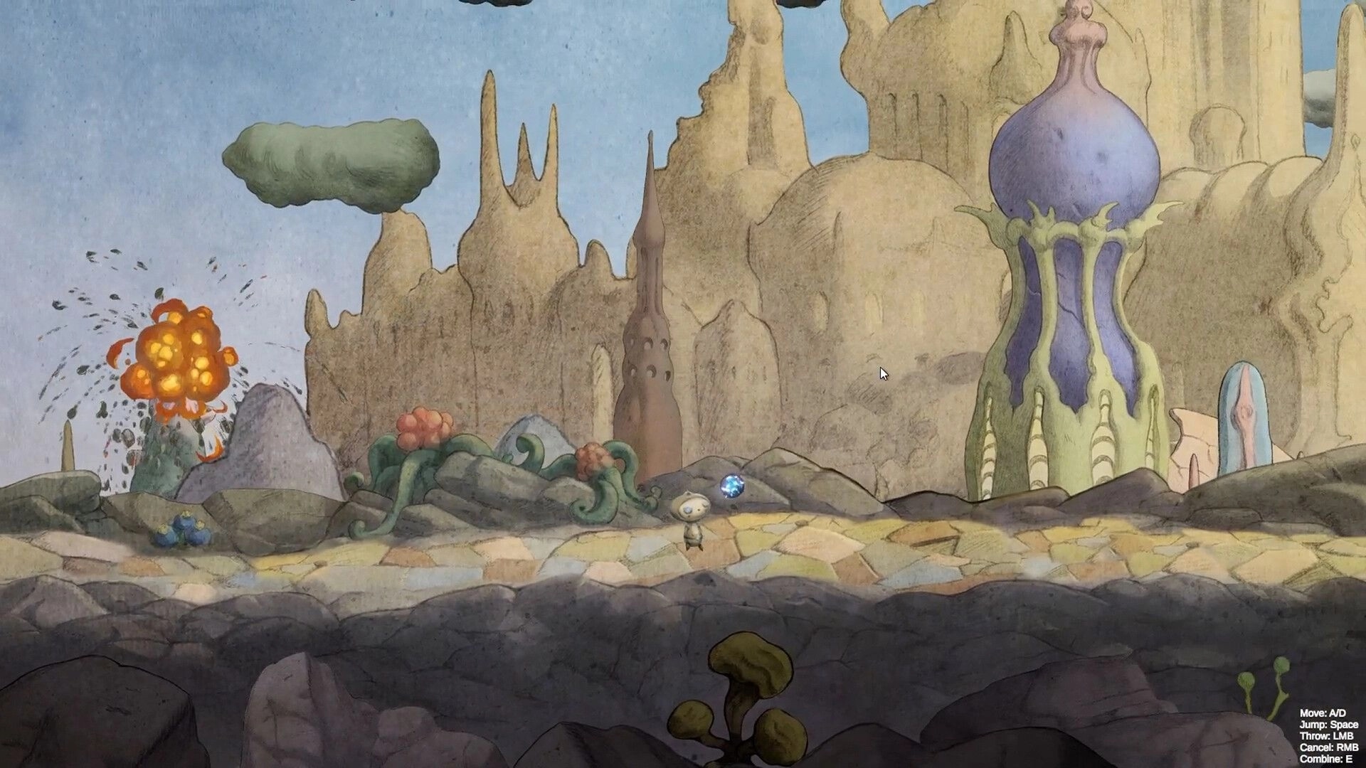 Swing of Things: Small robot walks on rocky path past explosion and alien towers in desert canyon.