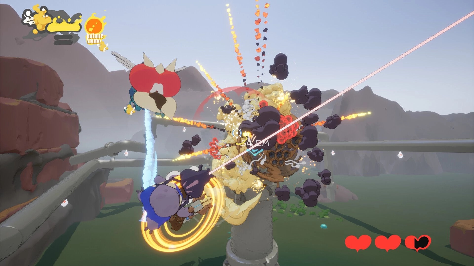 Swing Swamp: Player shoots exploding fly swarm midair over canyon pipes, hearts and ammo UI visible.