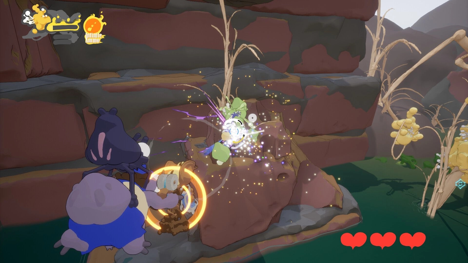 Swing Swamp: Spider hero blasts a green fly enemy on rocky ledge, infinite ammo icon and hearts HUD.