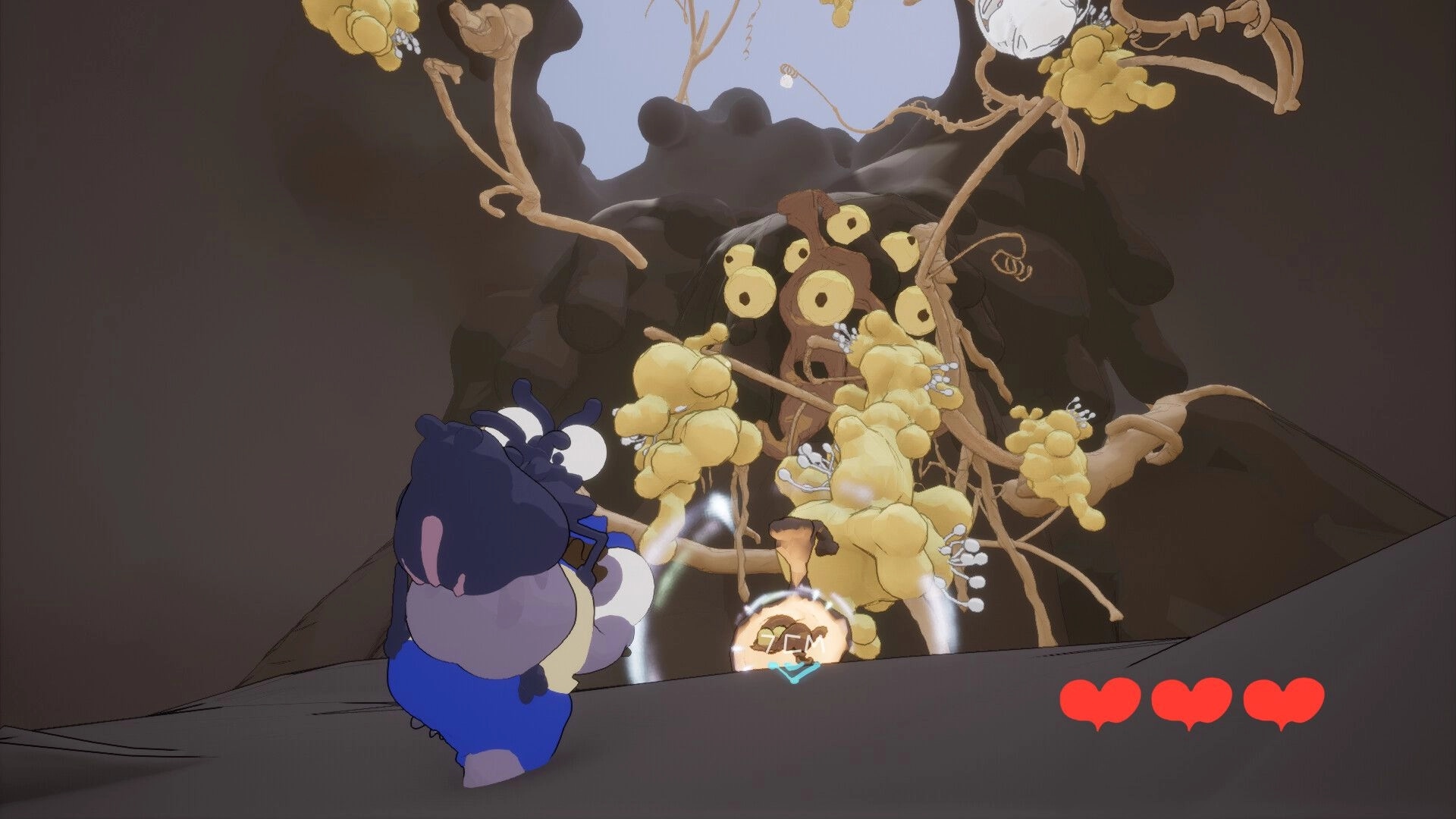 Swing Swamp: Blue bug hero aims at yellow hive monster in cave arena, three hearts HUD visible.