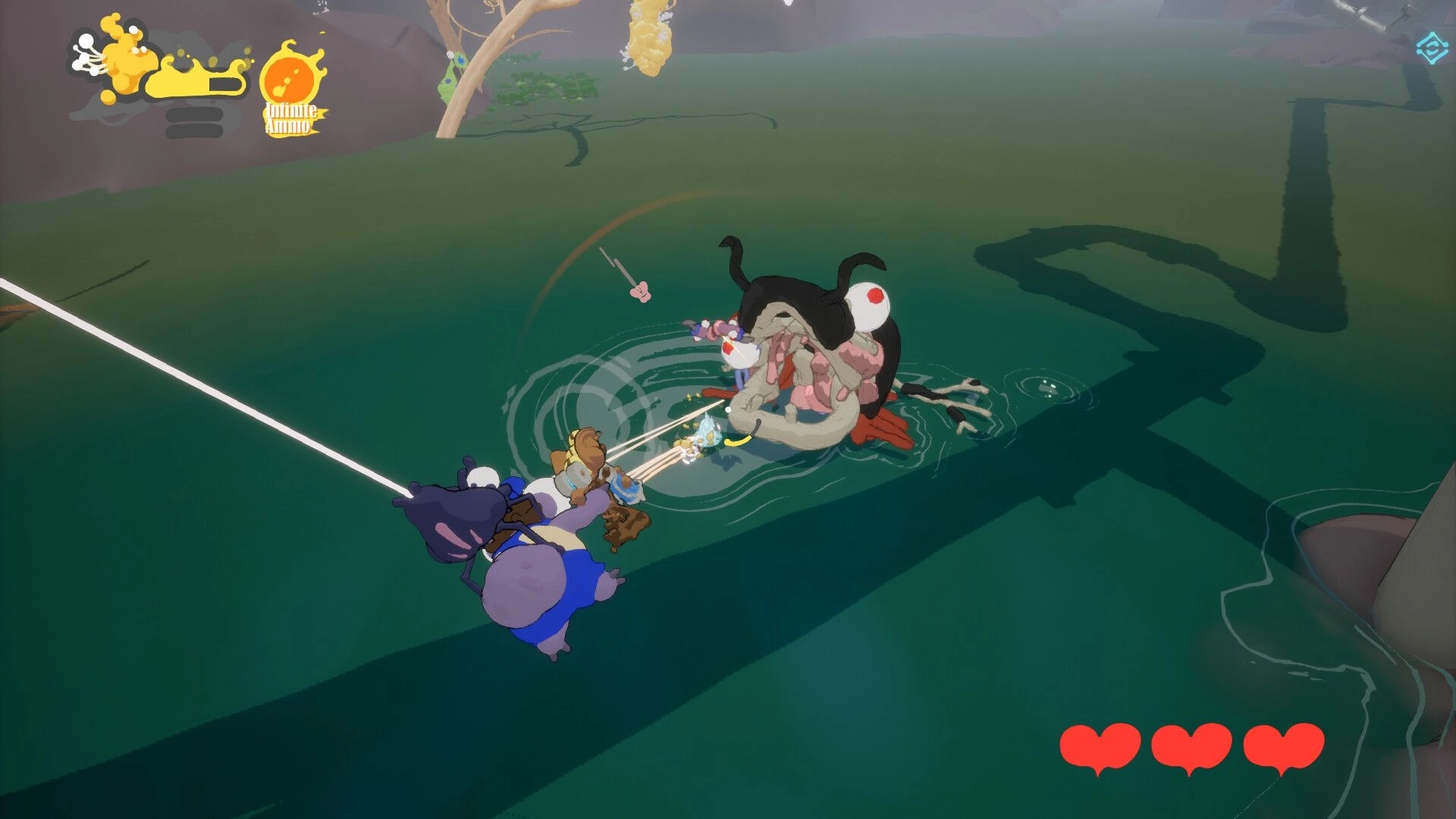 Swing Swamp: Player fires web shots at giant fly boss in swamp water, infinite ammo and hearts UI.