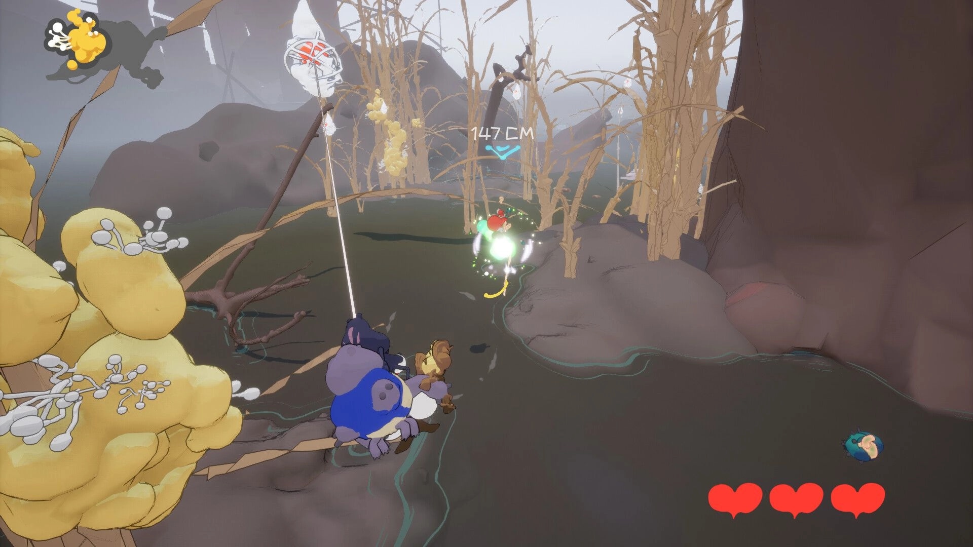 Swing Swamp: Spider-like character grapples over swamp rocks toward glowing target, 3 hearts UI visible.