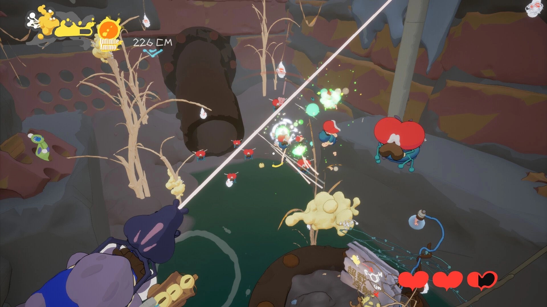 Swing Swamp: Spider hero shoots swarming flies over swamp pool in rocky cavern, hearts and ammo UI visible.