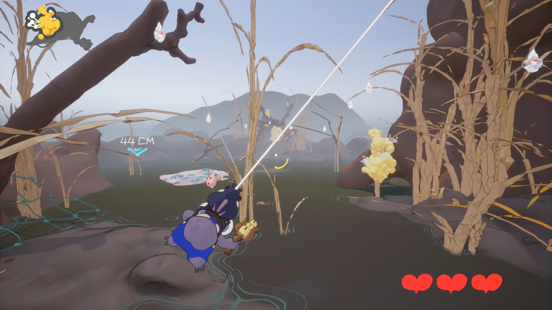 Swing Swamp: Spider-like hero shoots a web line across murky swamp, 44 cm marker and 3 hearts UI.