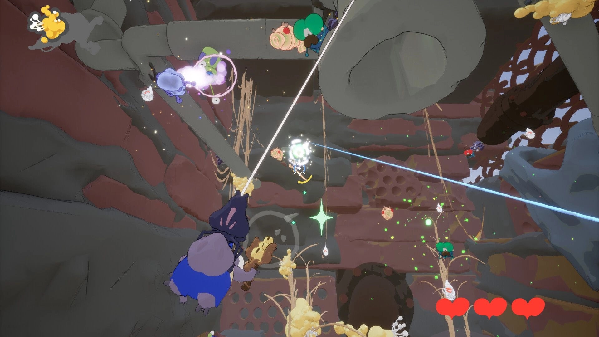 Swing Swamp: Spider-like hero swings on web line while shooting flies in rocky cavern, hearts UI visible.