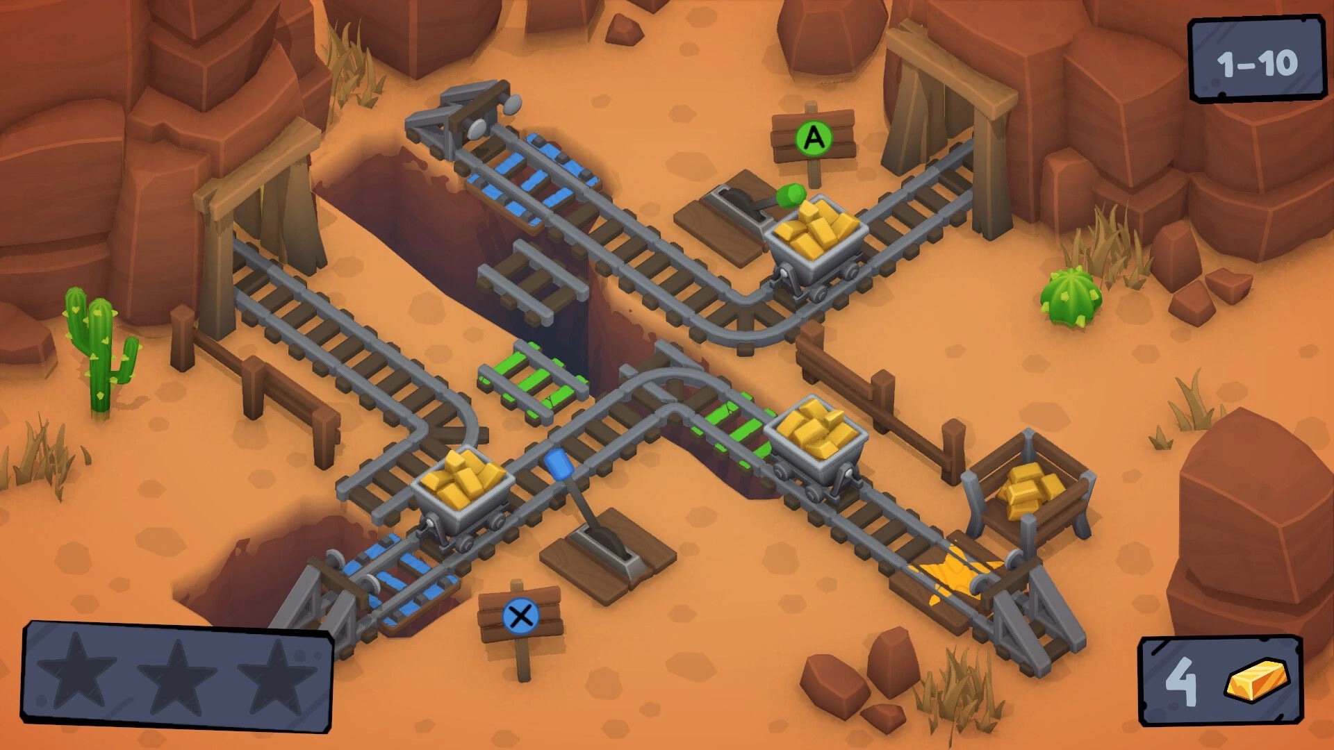 SwitchTrack: Minecarts on intersecting tracks in a desert canyon with levers and gold crates visible