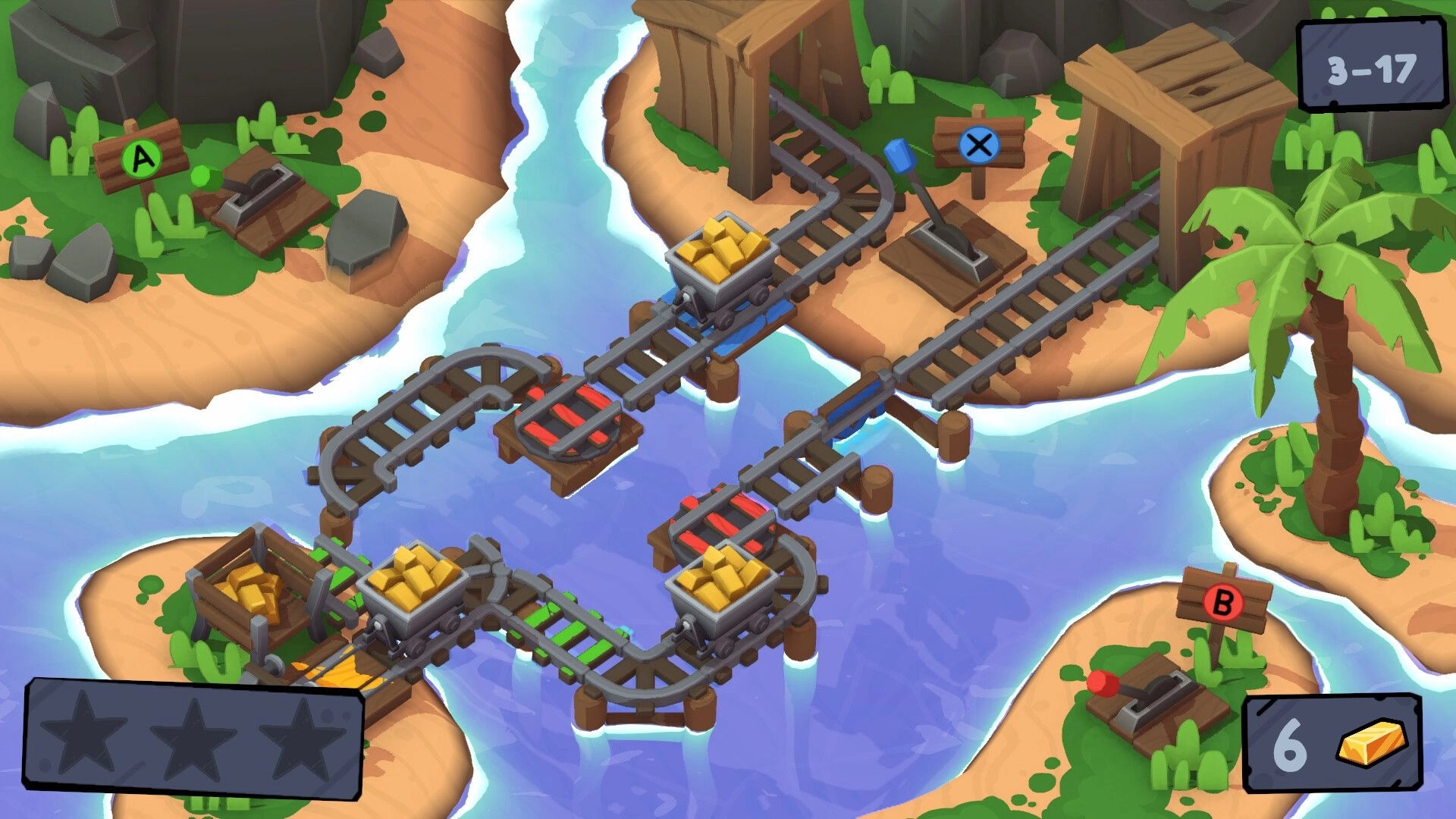 SwitchTrack: Minecarts on tracks with levers and bridges over water in tropical island setting